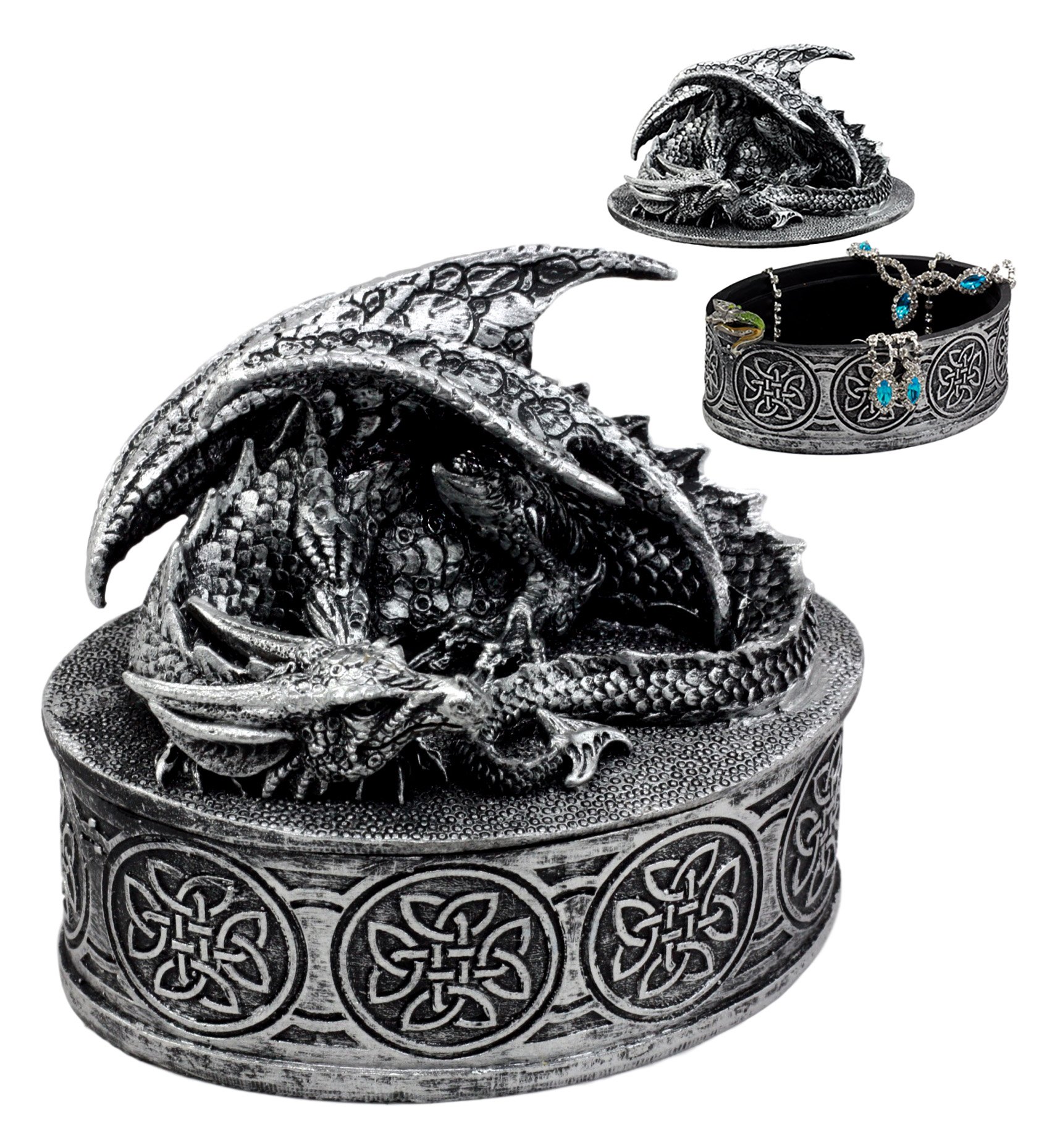 Ebros Gift Oval Celtic Knotwork Mythical Sleeping Dragon Decorative Jewelry Box - 4.75