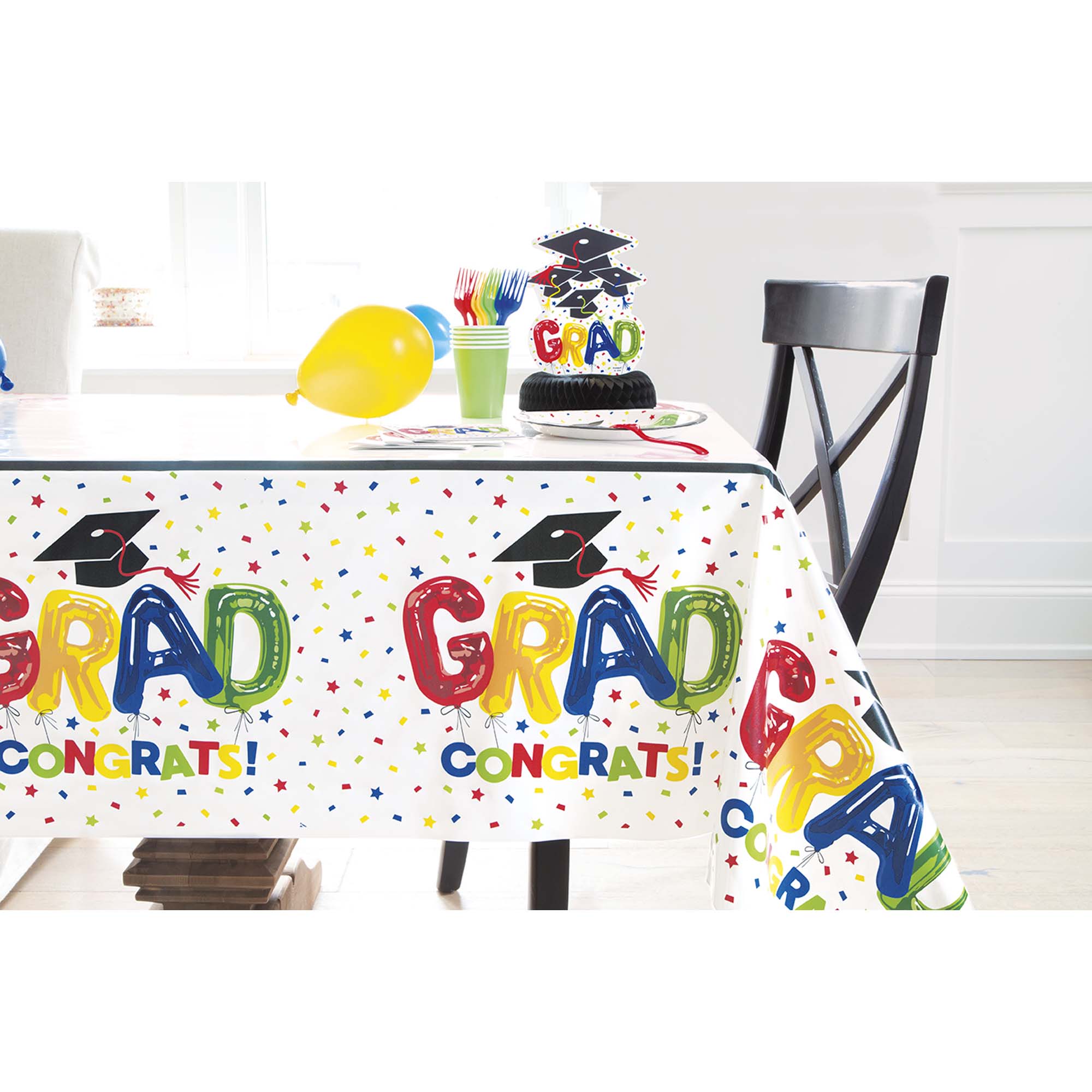 Graduation Party Plastic Table Cover - 54 x 84 Inches Balloon Print Tablecloth for Graduation Decorations - Perfect for Graduation Parties, School Events & Celebration Decor (1 Count)