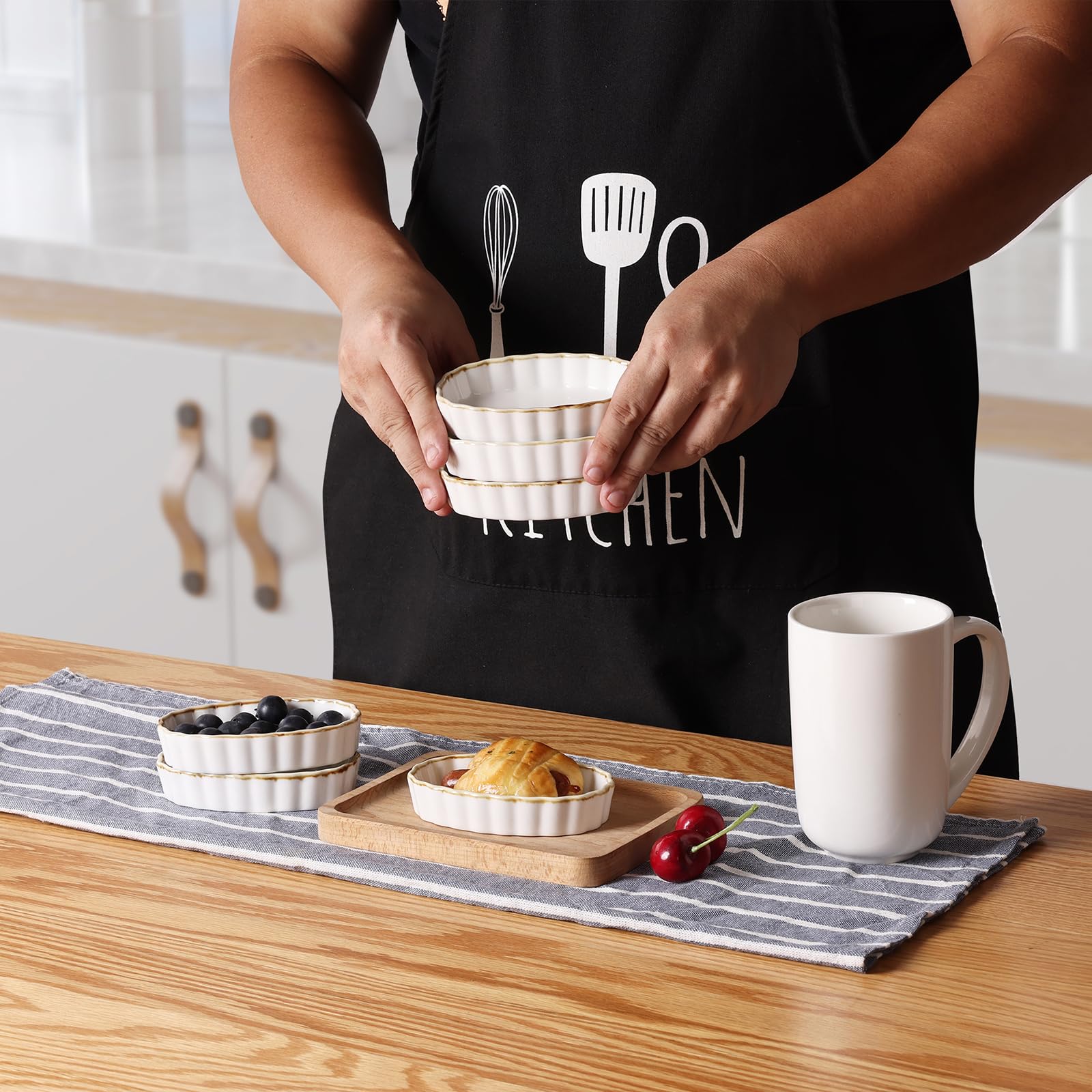 ONTUBE 4 oz Porcelain Ramekins Set of 6 - Oven Safe Oval Baking Dishes for Creme Brulee, Souffle, Pudding, Dipping Sauces | Perfect for Desserts, Appetizers & Home Kitchen Use (Brown/White)