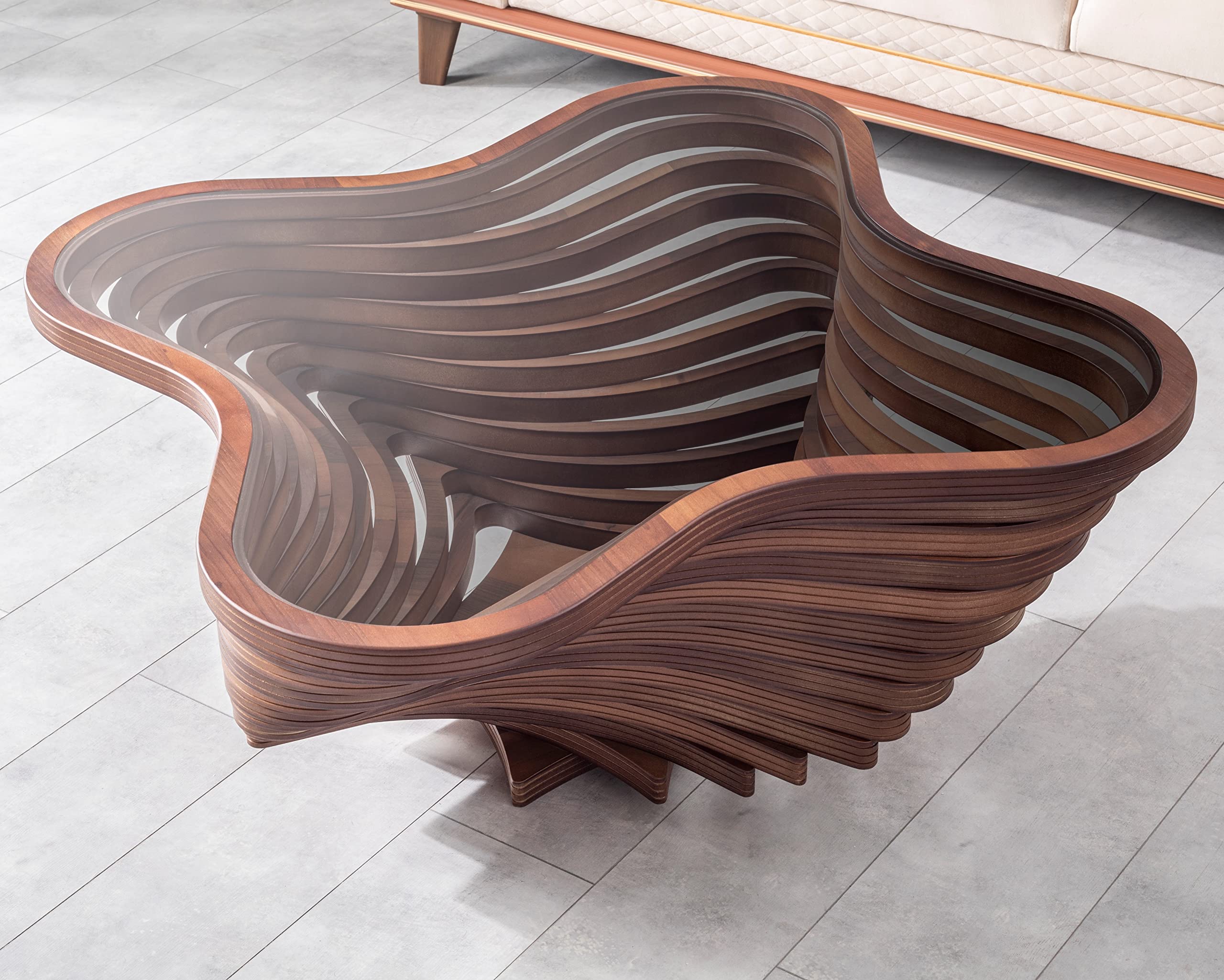 Modern Coffee Table with Natural Walnut Veneer & Tempered Glass Top - Layered Wave Design Rustic Wood Living Room Table - Luxury Home & Office Decor - Perfect for Contemporary Living Rooms, Offices and Lounge Areas