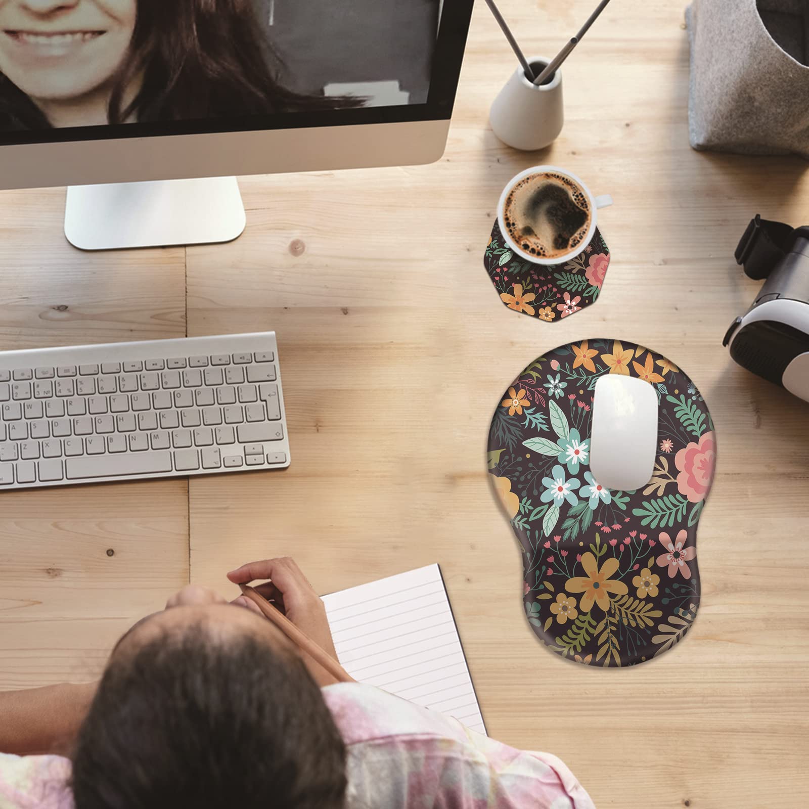 Ergonomic Mouse Pad with Wrist Rest Support - Thick Non-Slip PU Base for Pain Relief & Carpal Tunnel Prevention - Wireless Mouse Compatible - Floral Blooming Flowers Design - Perfect for Office, Gaming & Home Computer Use
