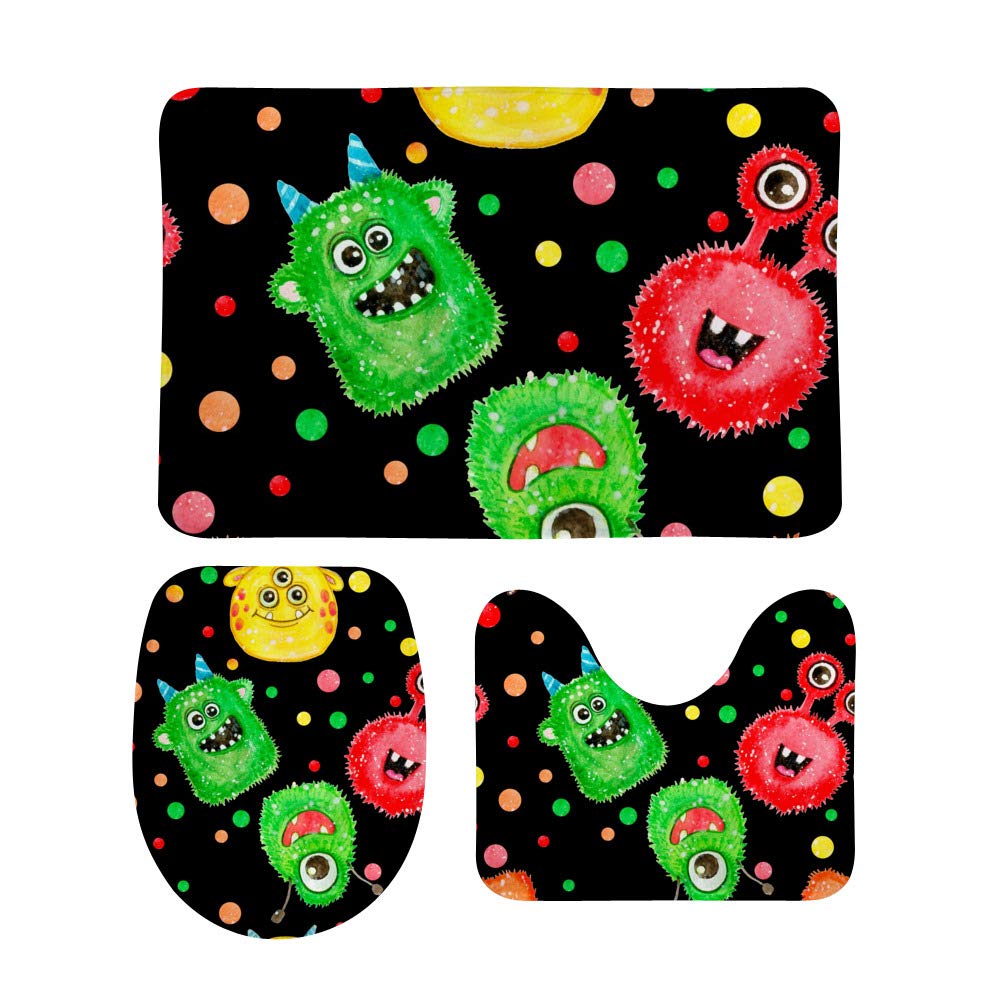 QAZPL 3-Piece Bathroom Rug Set - Non-Slip Watercolor Monster Design Toilet Seat Cover & U-Shaped Contour Mats - Soft Washable Bath Mats for Kids & Adults - Perfect for Bathroom, Toilet & Bathtub Floor Safety