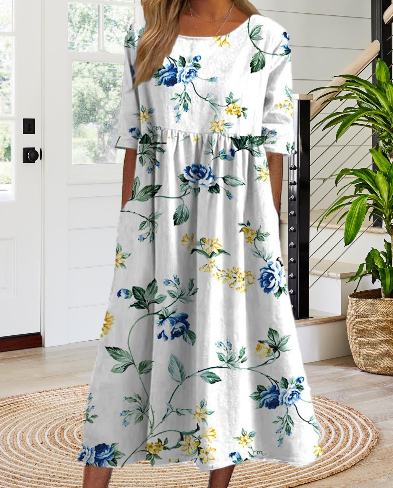 Boho Floral Print Midi Dress for Women - Short Sleeve Pleated Casual Beach Dress with Pockets | Summer 2024 Fashion | Perfect for Vacations, Date Nights & Outdoor Events