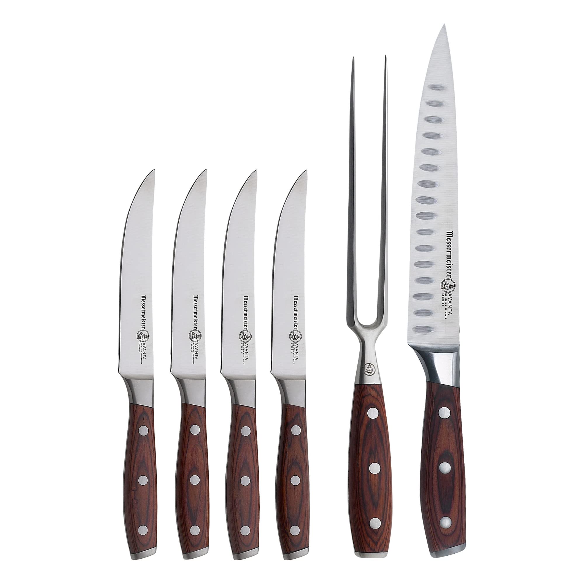 Messermeister Avanta Forged 6-Piece German Knife Set - 4 Steak Knives + Carving Knife & Fork - X50 Stainless Steel - Rust Resistant & Easy to Maintain - Perfect for BBQ, Dinner Parties & Holiday Meals