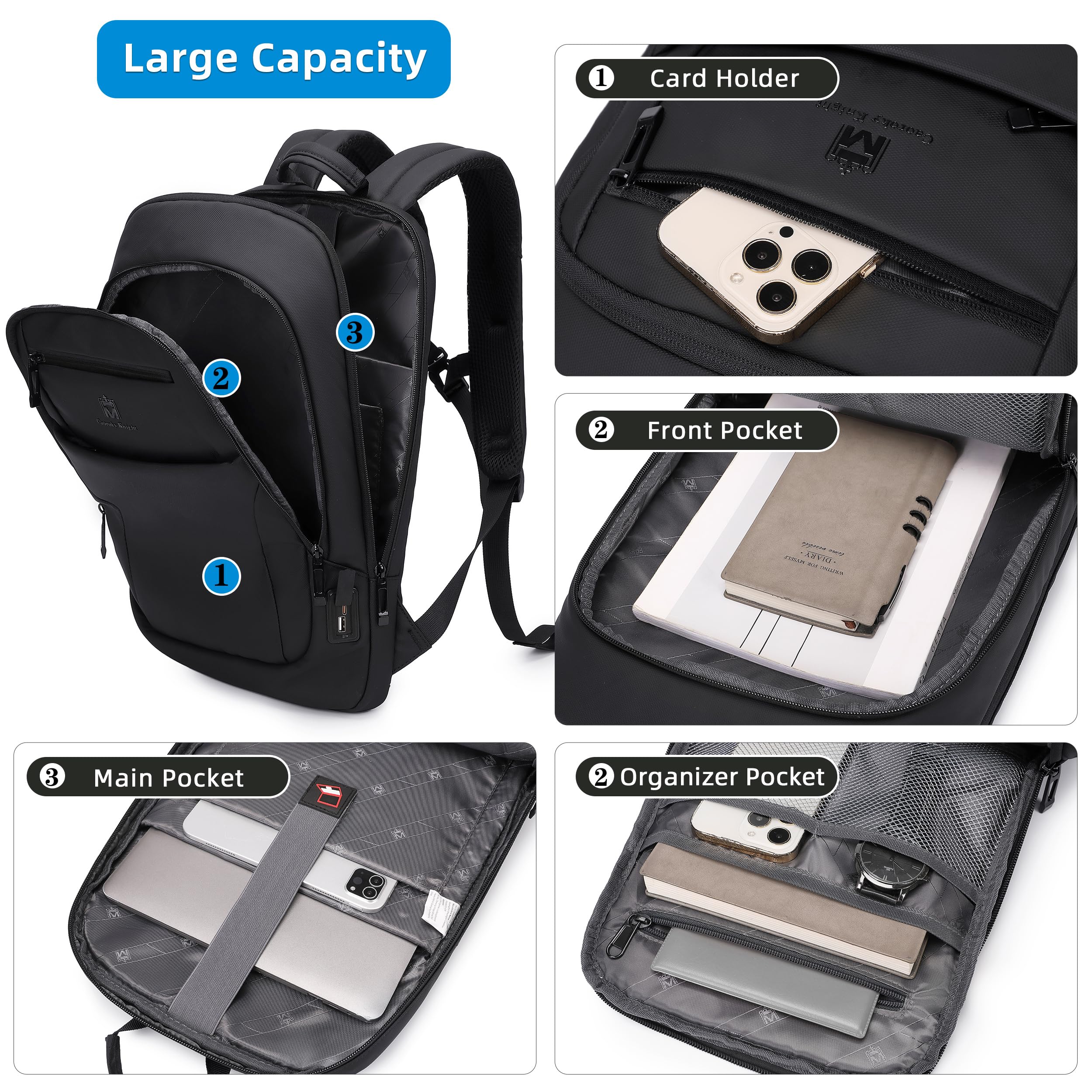 Caoroky Knight Men's 15.6 Inch Slim Laptop Backpack with USB Charging Port - Waterproof Anti-Theft Business Travel Backpack for Work, College & Commuting - Black