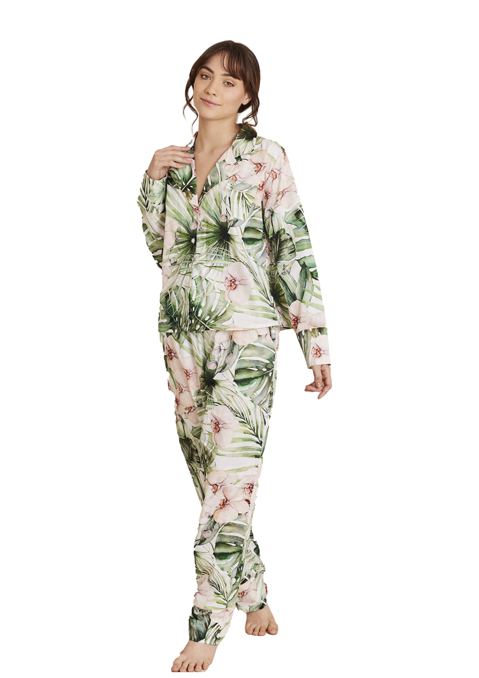 PLUMAS HOME Women's 2-Piece Claudia Pajama Set - Soft Pima Cotton Sleepwear, Lounge Pants & Top Set in Green - Perfect for Relaxing at Home, Sleepovers & Cozy Nights