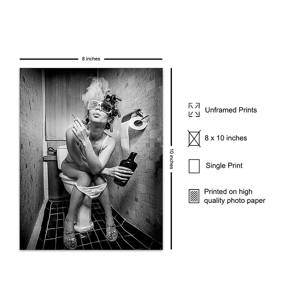 Funny Bathroom Wall Art - Unique Bar & Restroom Decor - 8x10 Woman Smoking & Drinking Alcohol Print - Perfect for Guest Bathroom, Powder Room & Man Cave Decor - Ideal for Home, Office or Pub Wall Decoration