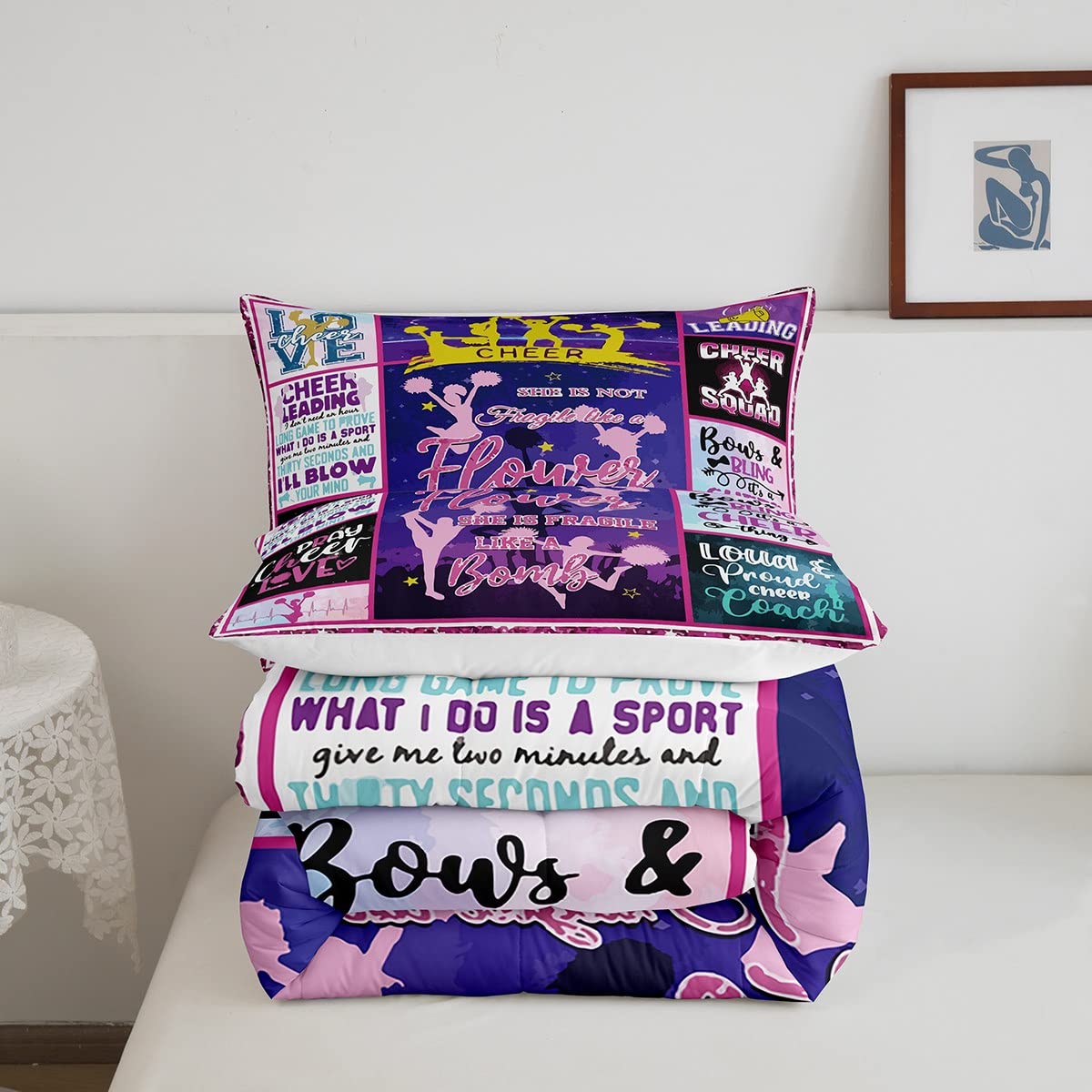 Cheerleader Gifts - Cheerleading Bedding Set for Girls & Teens, Full Size Quilted Duvet Cover with 2 Pillowcases - Perfect for Cheer Squad Dorms, Sleepovers & Game Day Decor