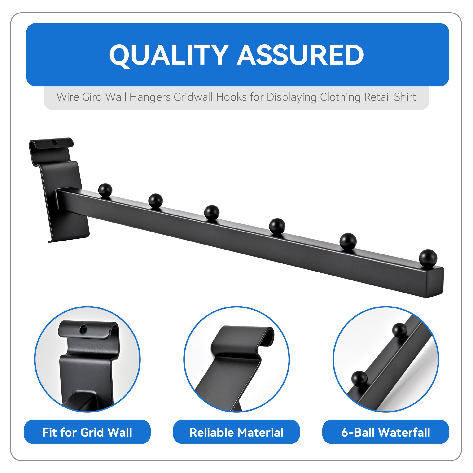 6 Ball Waterfall Grid Wall Hooks - Black Set of 4 - Heavy Duty Wire Grid Wall Hangers for Clothing, Shirts, Retail Displays & Vendor Events - Perfect for Store Fixtures, Boutique Racks & Trade Show Merchandising