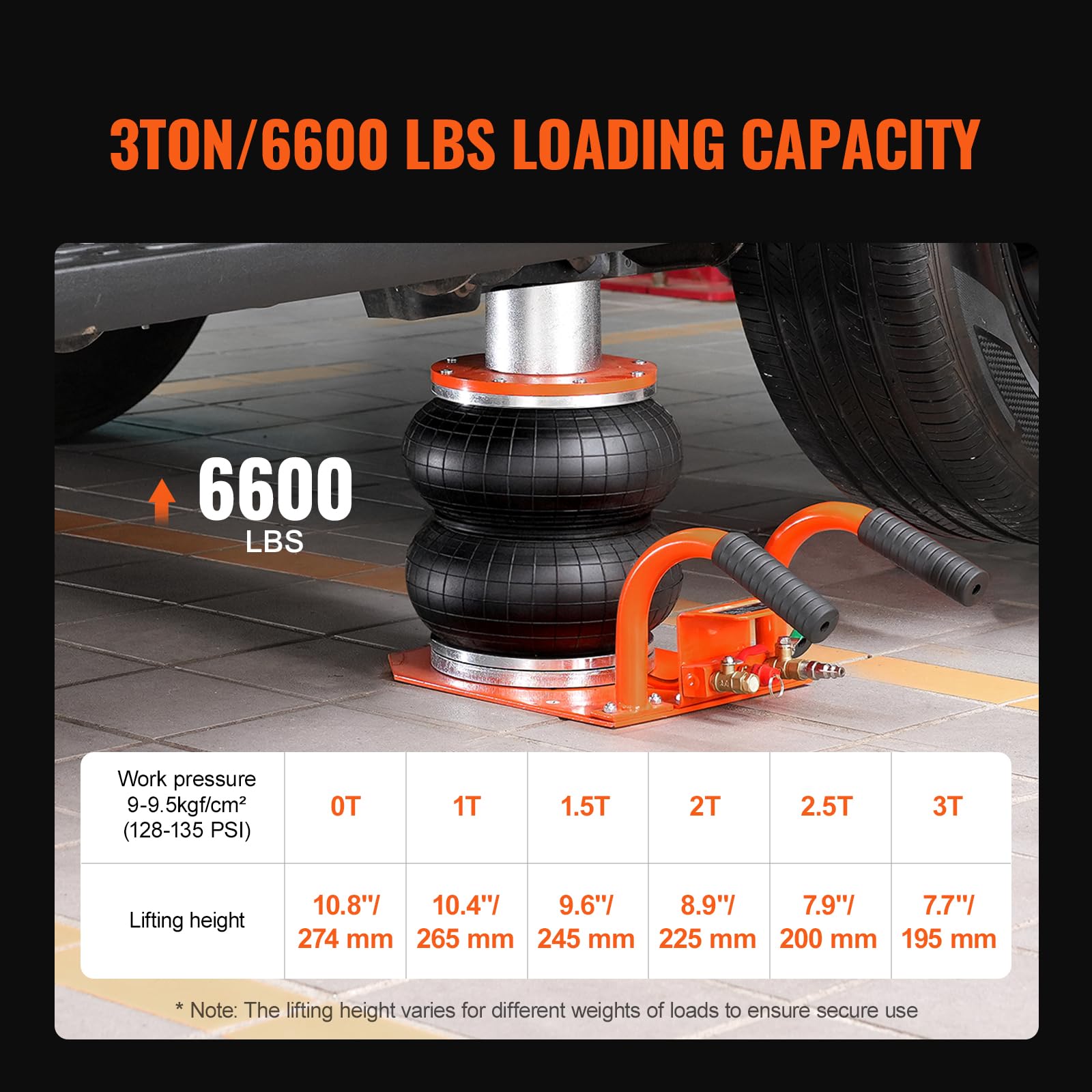 VEVOR 3 Ton/6600 lbs Air Jack for Car Repair - Heavy Duty Two Bag Pneumatic Lift with 6 Steel Tubes, Thick Rubber Pad & Heightened Column (Lifts up to 14.3