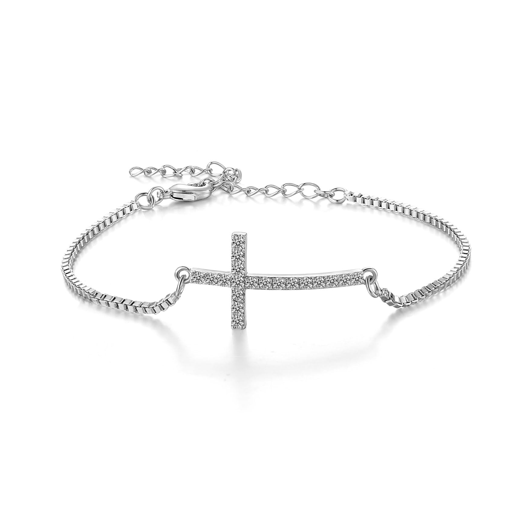 USEEDOVIA 925 Sterling Silver Cross Bracelet for Women | Cubic Zirconia Adjustable Charm Bracelet | Elegant Jewelry Gift for Birthday, Christmas, Anniversary | Perfect for Church, Wedding & Everyday Wear