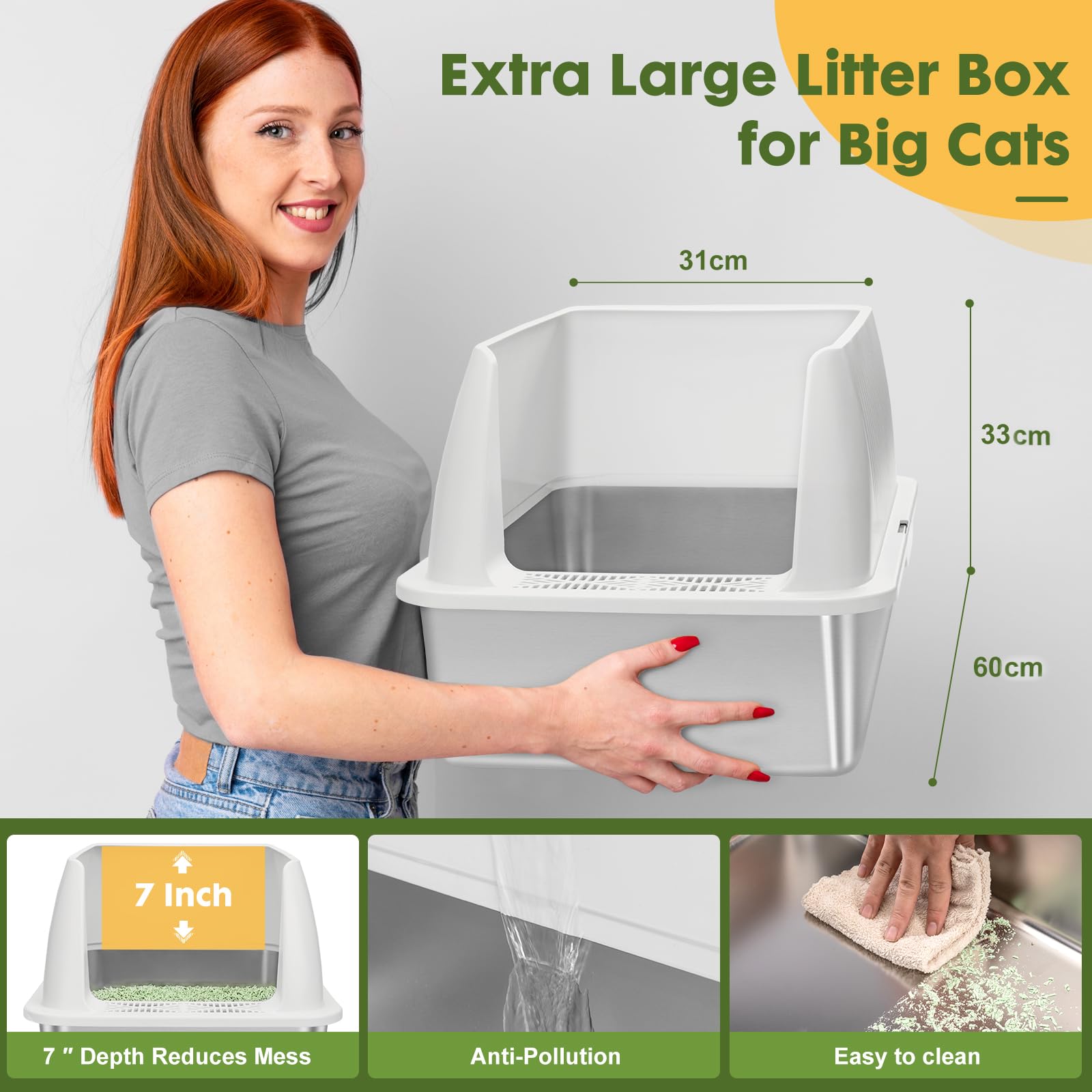 XXL Enclosed Stainless Steel Cat Litter Box for Large Cats - High Sides, Easy Clean, Non-Stick & Leak Proof Design with Odor Control - Includes Litter Scoop & Mat (Light Grey) - Perfect for Homes with Multiple Cats or Small Spaces