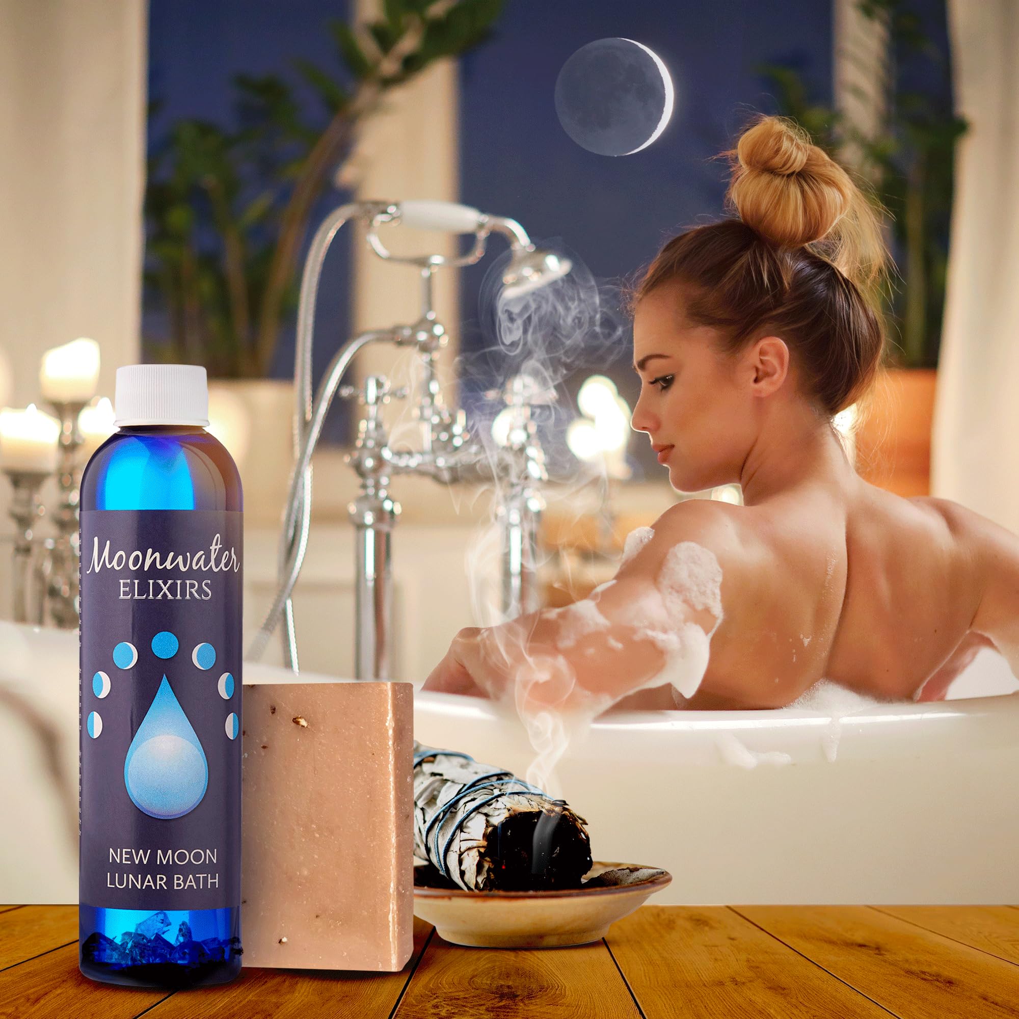 Aura Cleansing Lunar Bath Oil & Smudge Kit with Reiki - New Moon Elixir for Energy Clearing | Spiritual Protection from Negative Energy | Positive Energy Ritual Set | Sacred Space Cleanse by Moonwater Elixirs | Perfect for Meditation, Yoga & Home Blessing Ceremonies