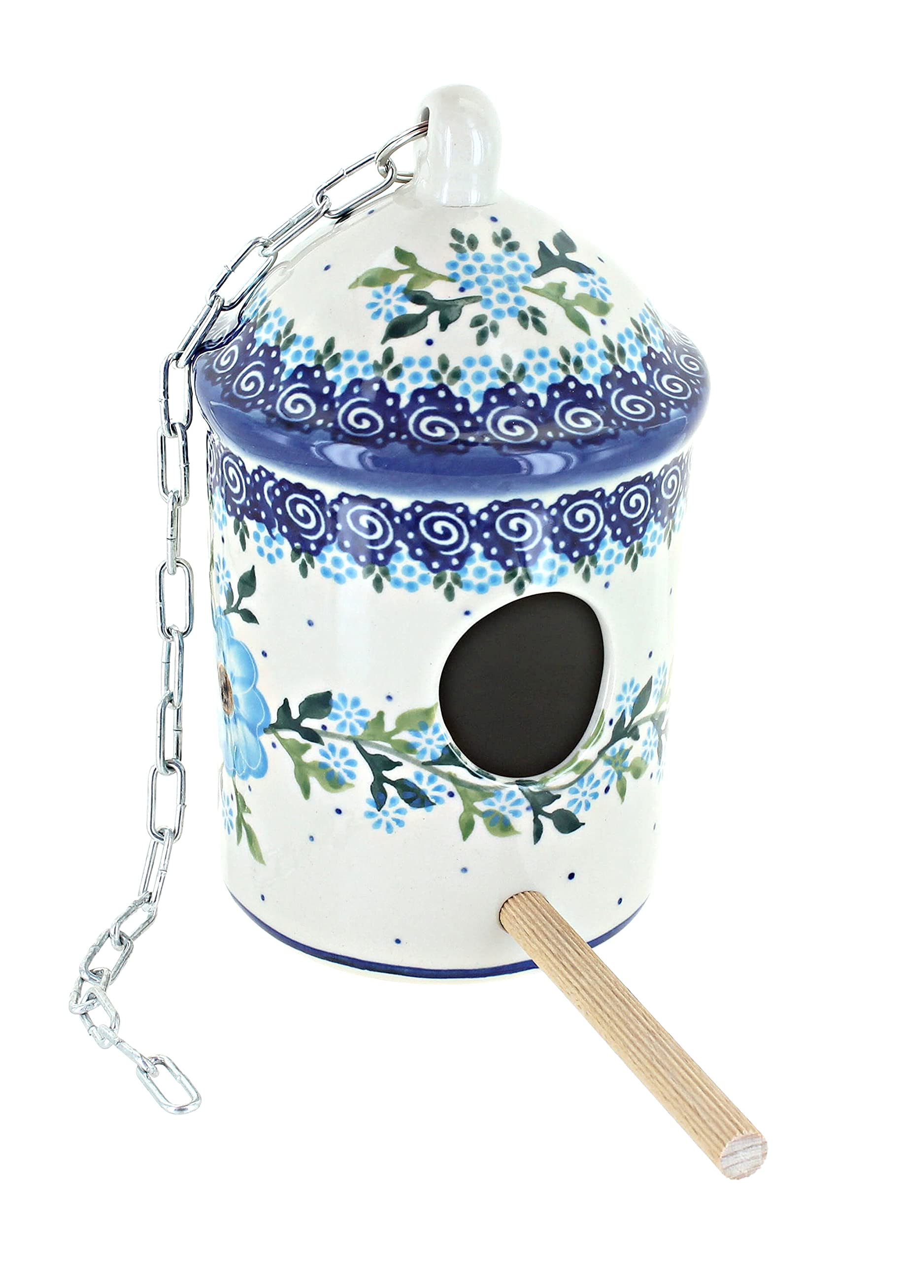Handmade Blue Rose Polish Pottery Daphne Bird House - Decorative Garden Birdhouse for Outdoor & Indoor Use