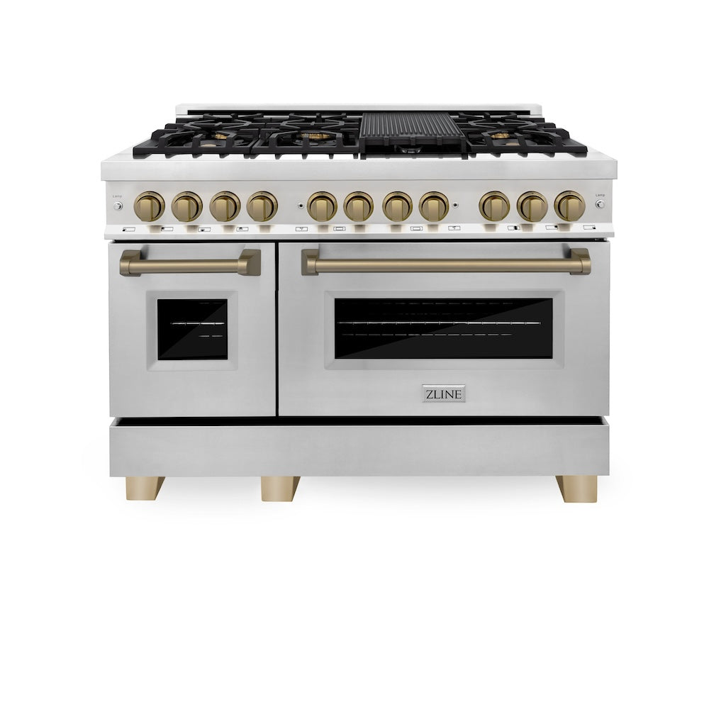 ZLINE Autograph Edition 48-inch Stainless Steel Dual Fuel Range Kitchen Package with Range Hood & Dishwasher - Champagne Bronze Accents (3AKP RARHDWM48 CB) | Premium Cooking Set for Modern Kitchens, Restaurant-Style Performance, Ideal for Home Chefs & Entertaining