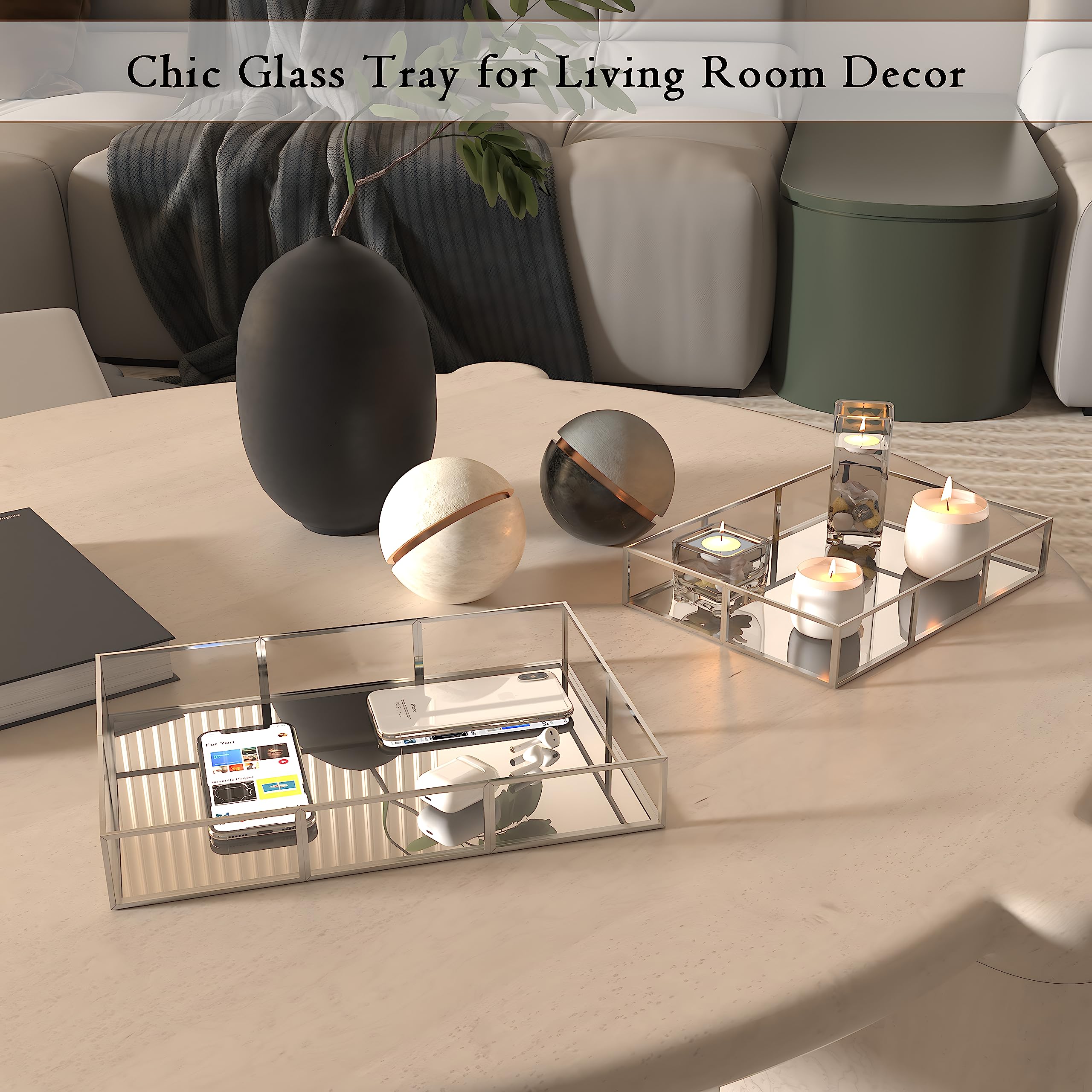 Elegant Gold Vanity Tray Set with Metal Frame - 2 Piece Decorative Perfume & Jewelry Tray for Bathroom, Dresser, or Home Decor - Perfect for Organizing Fragrances, Cosmetics & Accessories