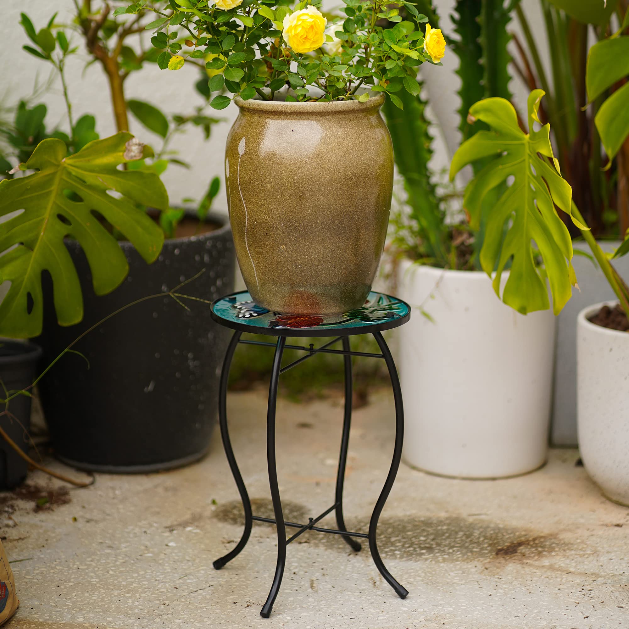 Butterfly Patio Side Table - Small Outdoor End Table with Metal Frame & Glass Top for Porch, Garden, Yard, Poolside - Perfect for Drinks, Plants & Decor