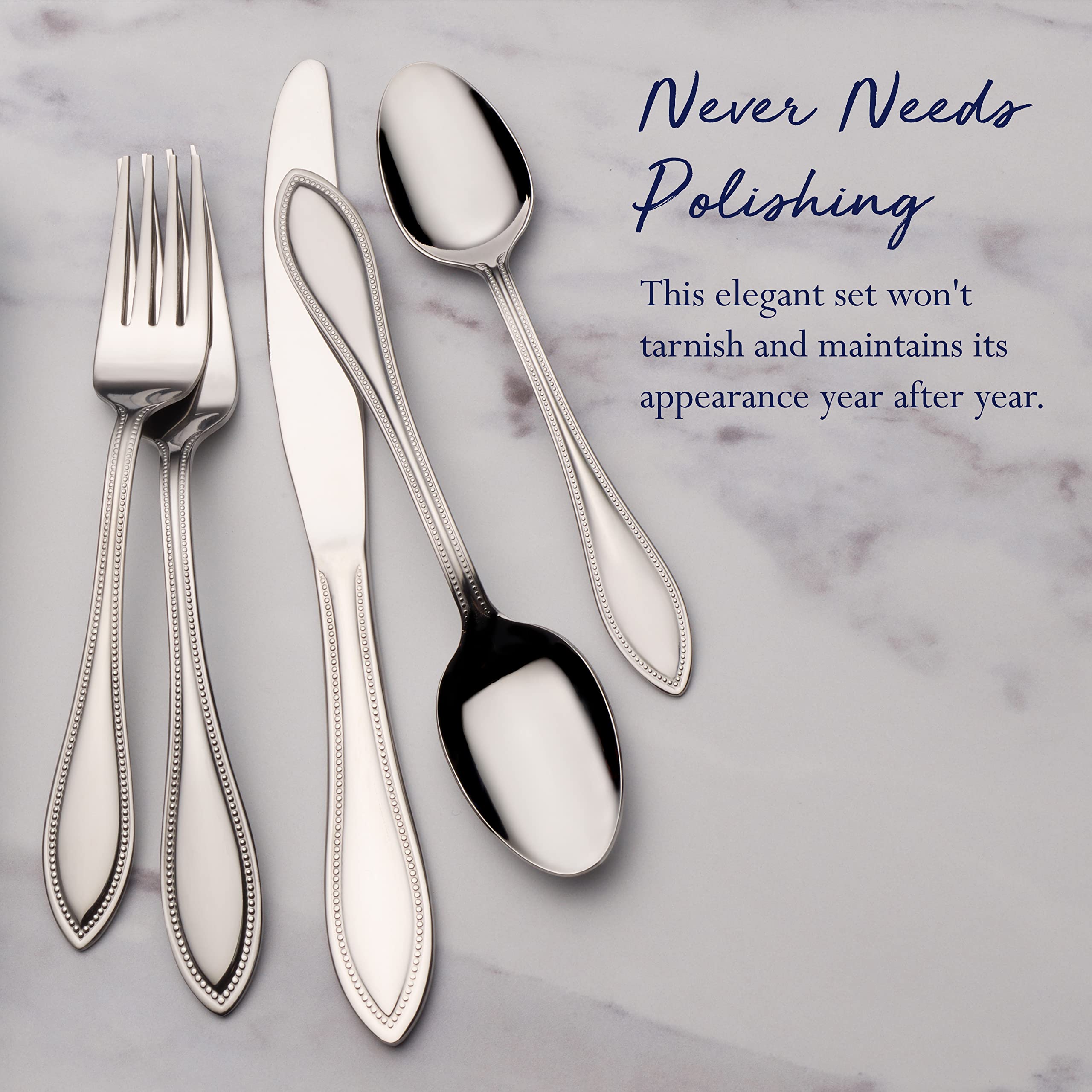 Pfaltzgraff American Bead 53-Piece Stainless Steel Flatware Set with Serving Utensils & Steak Knives - 8-Person Dinnerware Set in Silver for Formal Dining, Holiday Entertaining & Wedding Registry