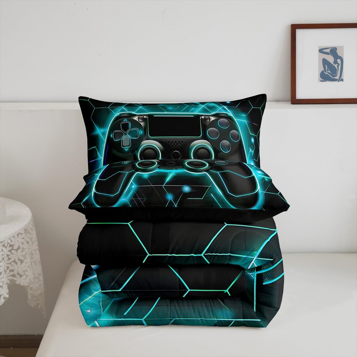 Erosebridal Honeycomb Twin Bedding Set - Neon Gaming Comforter for Boys & Kids, Teal Blue Gamer Bedding for Toddler Room Decor | Perfect for Gaming Themed Bedrooms & Sleepovers