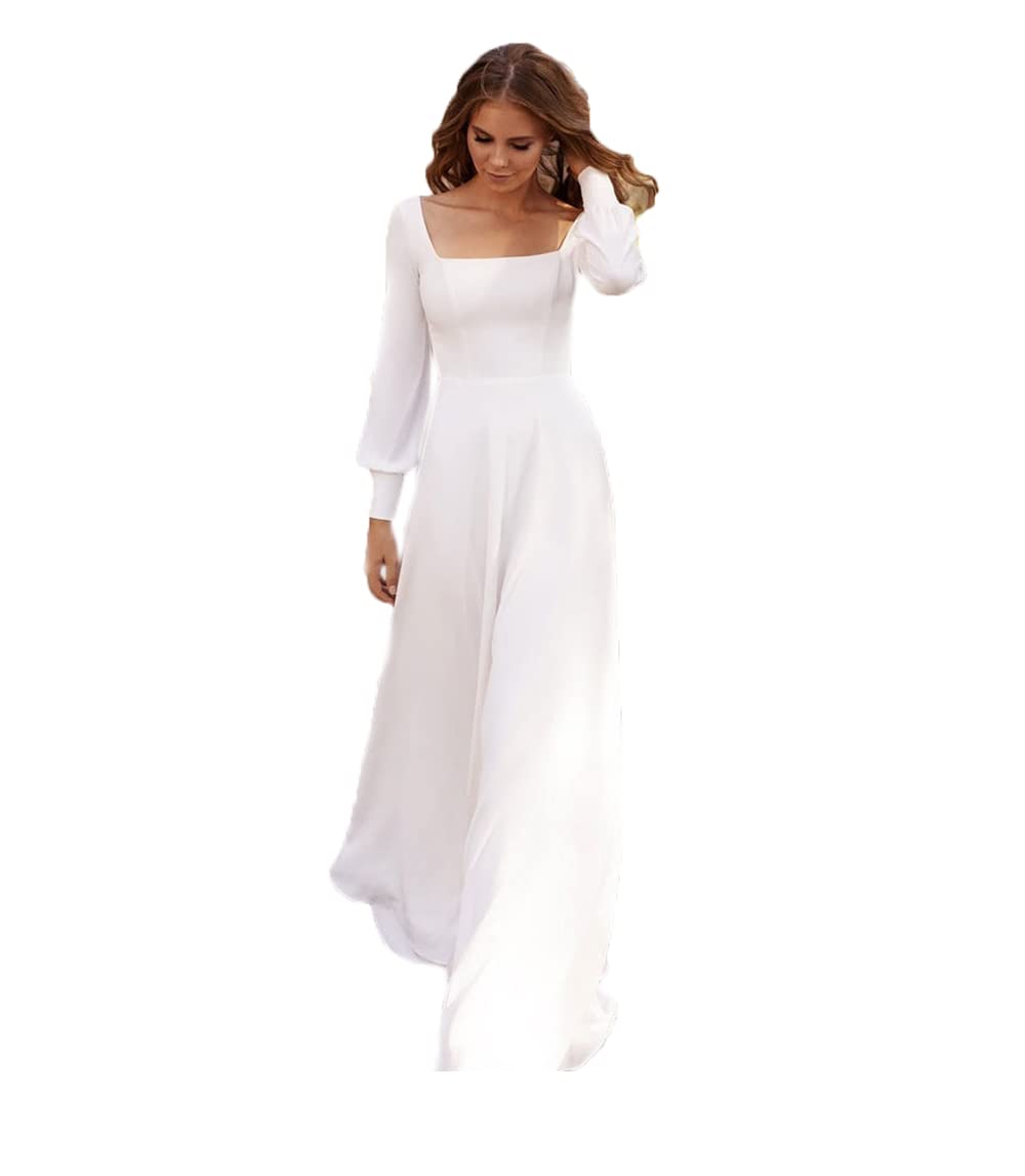 Elegant A-Line Wedding Dress for Women - Long Sleeves Square Neck Bridal Gown | Perfect for Church, Beach, and Formal Wedding Ceremonies