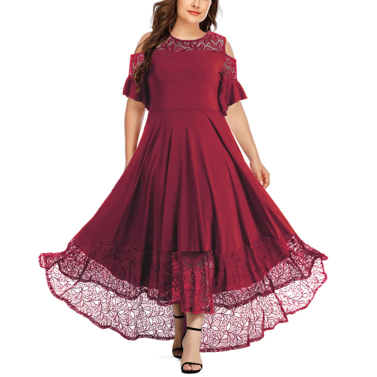 Women's Plus Size Summer Dresses - Casual Sexy Cold Shoulder Ruffle Half Sleeve Lace Skirt Swing Evening Dress for Beach Party, Wedding & Date Night