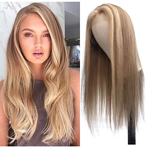 Long Straight Lace Front Wigs with Baby Hair - Ombre Ash Brown to Blonde Highlights | 13x1 Deep Part Lace Wig | 150% Density Virgin Human Hair | Glueless Middle Part Wig for Women | Perfect for Daily Wear, Parties & Special Occasions