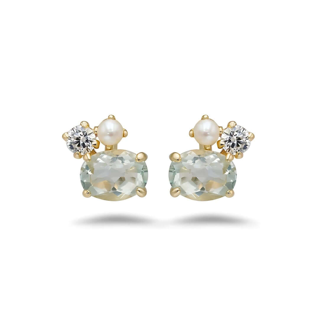 Elegant Green Amethyst and Pearl Stud Earrings for Women | Dainty Gemstone Jewelry Gift | Perfect for Weddings, Parties & Everyday Wear | TB2396