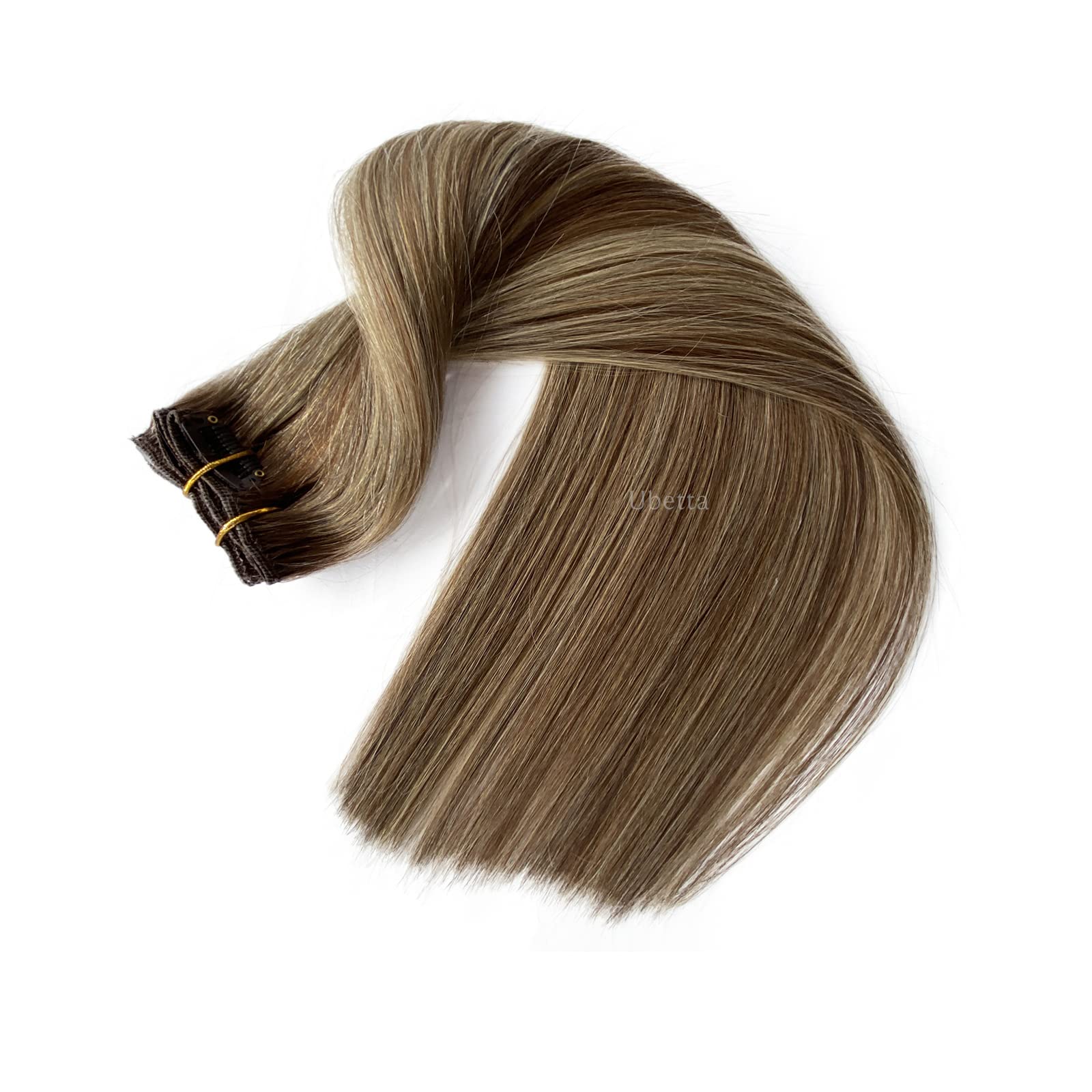 Clip in Hair Extensions 22 Inch - Ombre Brown to Chestnut Brown with Ash Blonde Highlights Balayage - 7pcs 70g Double Weft Straight Remy Human Hair - Natural Looking Hair Extensions for Women - Perfect for Daily Wear, Parties & Special Occasions