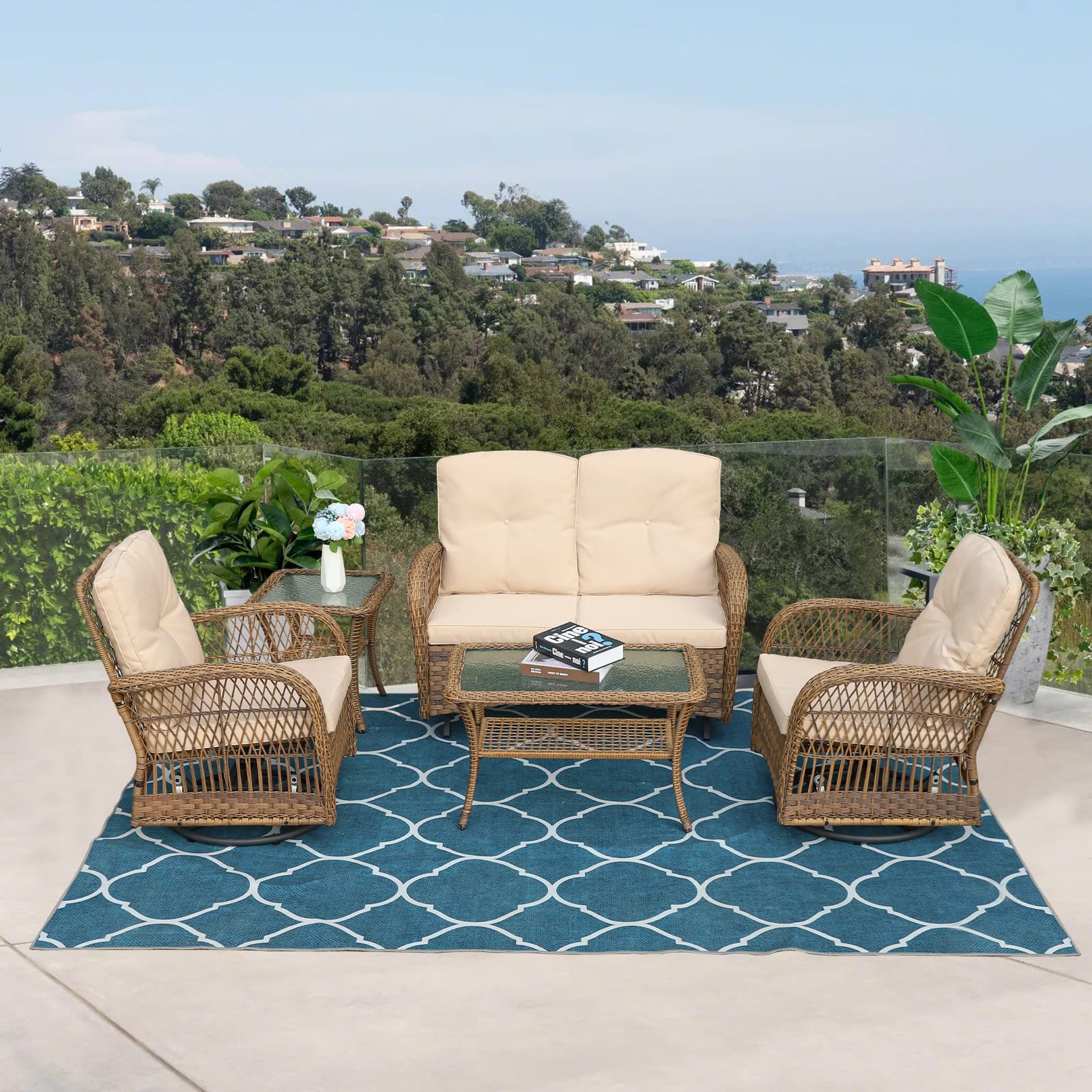 VIVIJASON 5-Piece All-Weather Outdoor Patio Furniture Set - Wicker Rattan Conversation Set with Glider Loveseat, 2 Coffee Tables & 2 Swivel Glider Chairs with Cushions - Light Brown - Perfect for Garden, Backyard, Poolside & Patio Relaxation