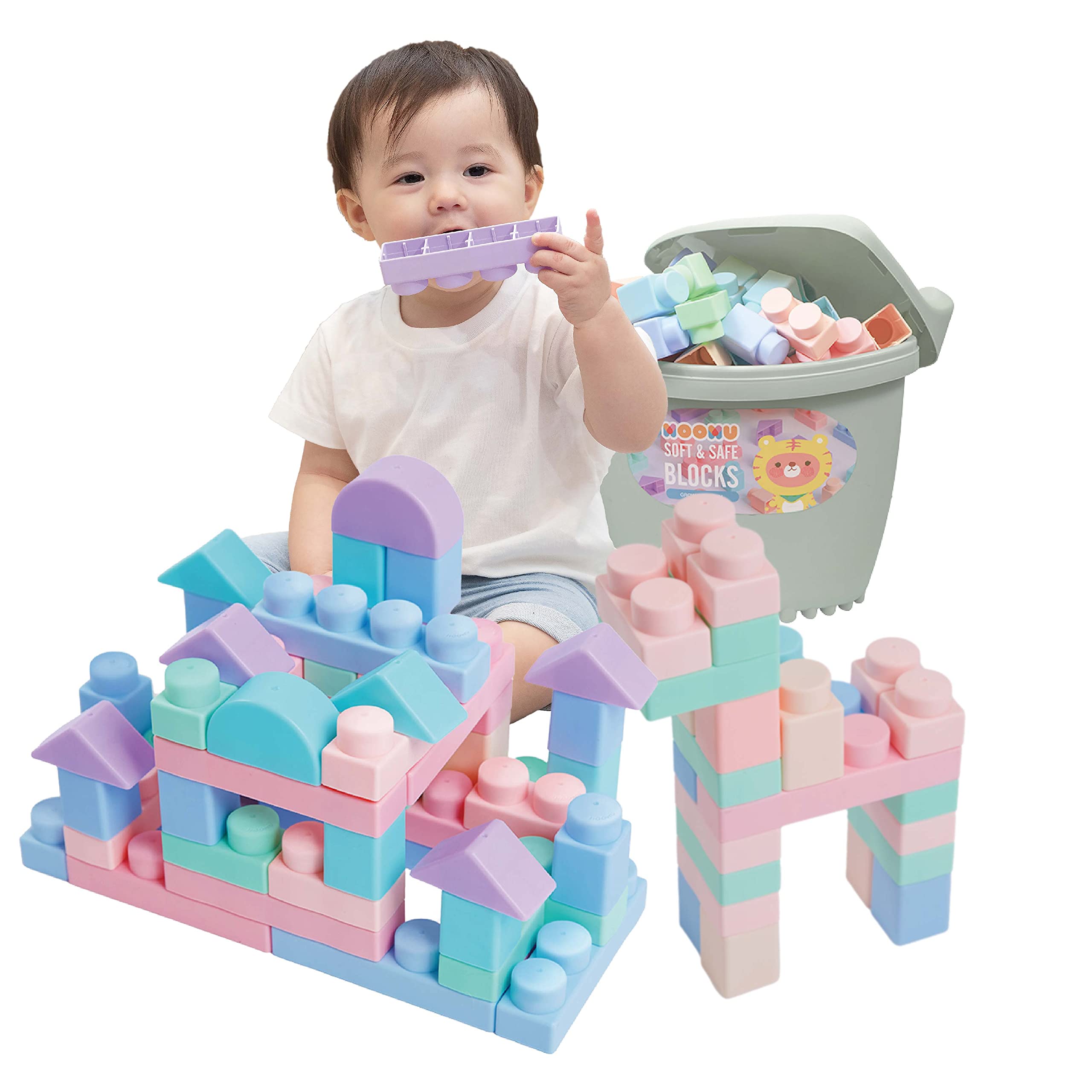 MOOMU 120-Piece Soft Building Blocks Set for Toddlers & Babies 6+ Months – Safe Chewing, Stacking & Learning Toys | Non-Toxic, BPA-Free | Includes Storage Chair (Blue Gray) – Perfect for Early Childhood Development, Sensory Play & Nursery Organization