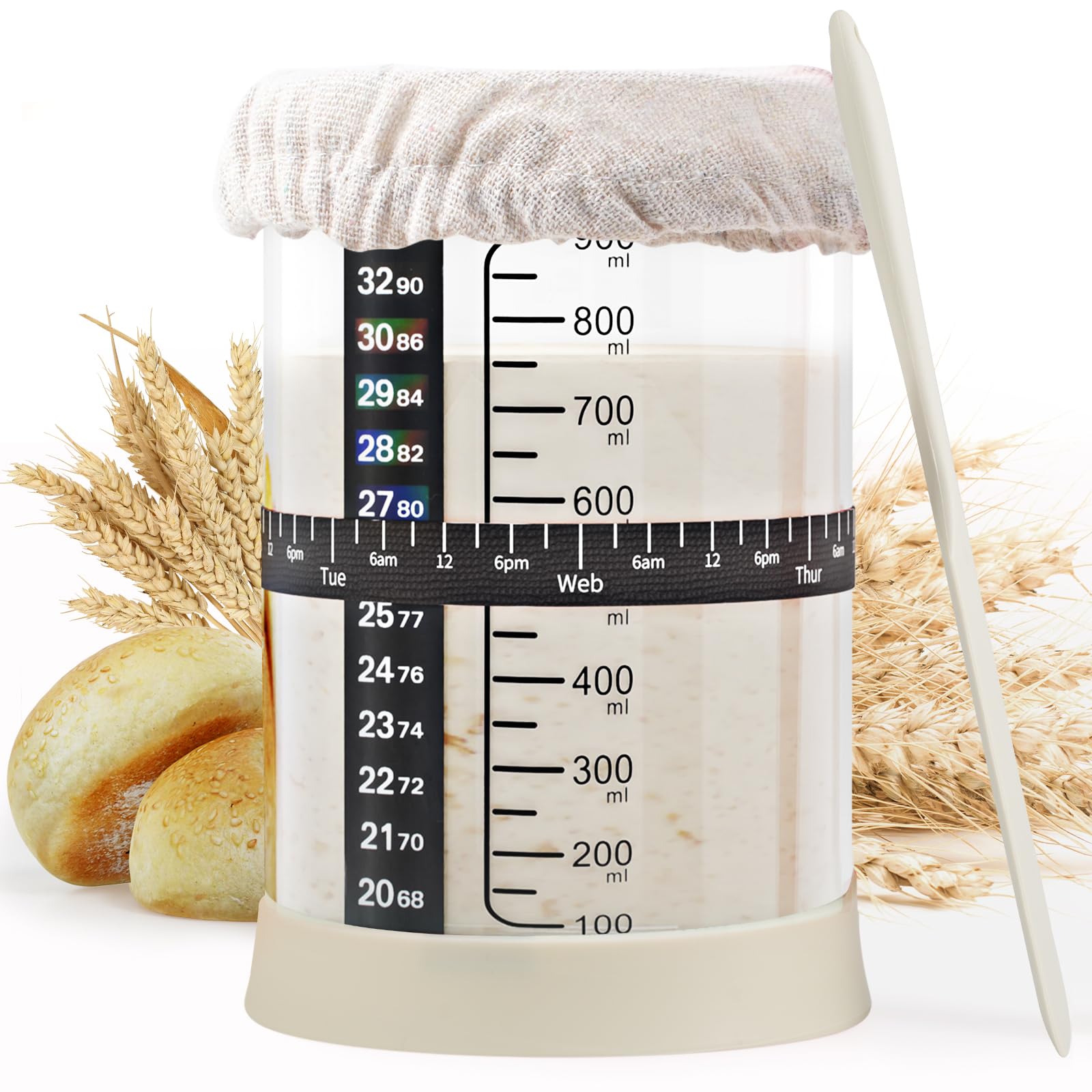 Sourdough Bread Starter Kit - 34oz Large Glass Jar with Lid & Natural Kitchen Sponge - Complete Baking Supplies for Homemade Sourdough Bread - Perfect for Beginners & Bread Making Enthusiasts (White)