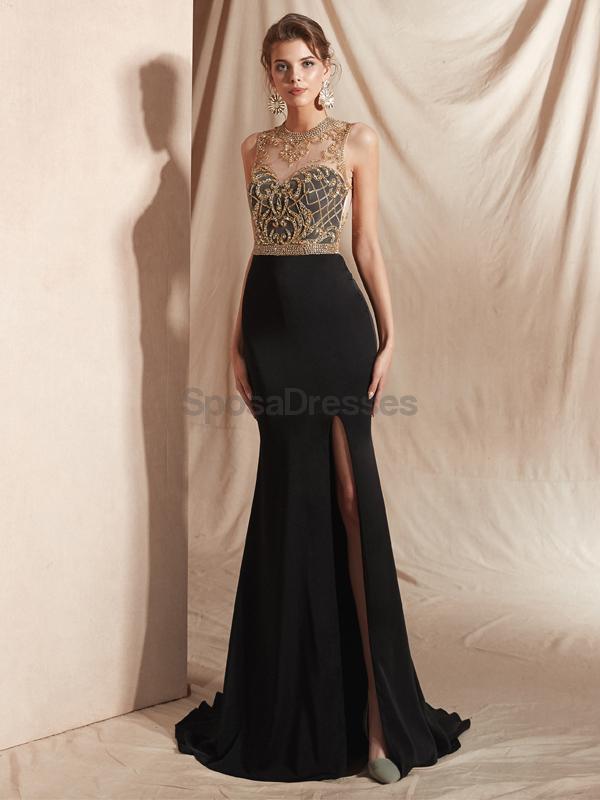 Elegant Black Mermaid Prom Dress with Gold Beaded Side Slit - Sexy Evening Gown for Homecoming, Party & Formal Events - Perfect for Prom Night, Cocktail Parties & Special Occasions