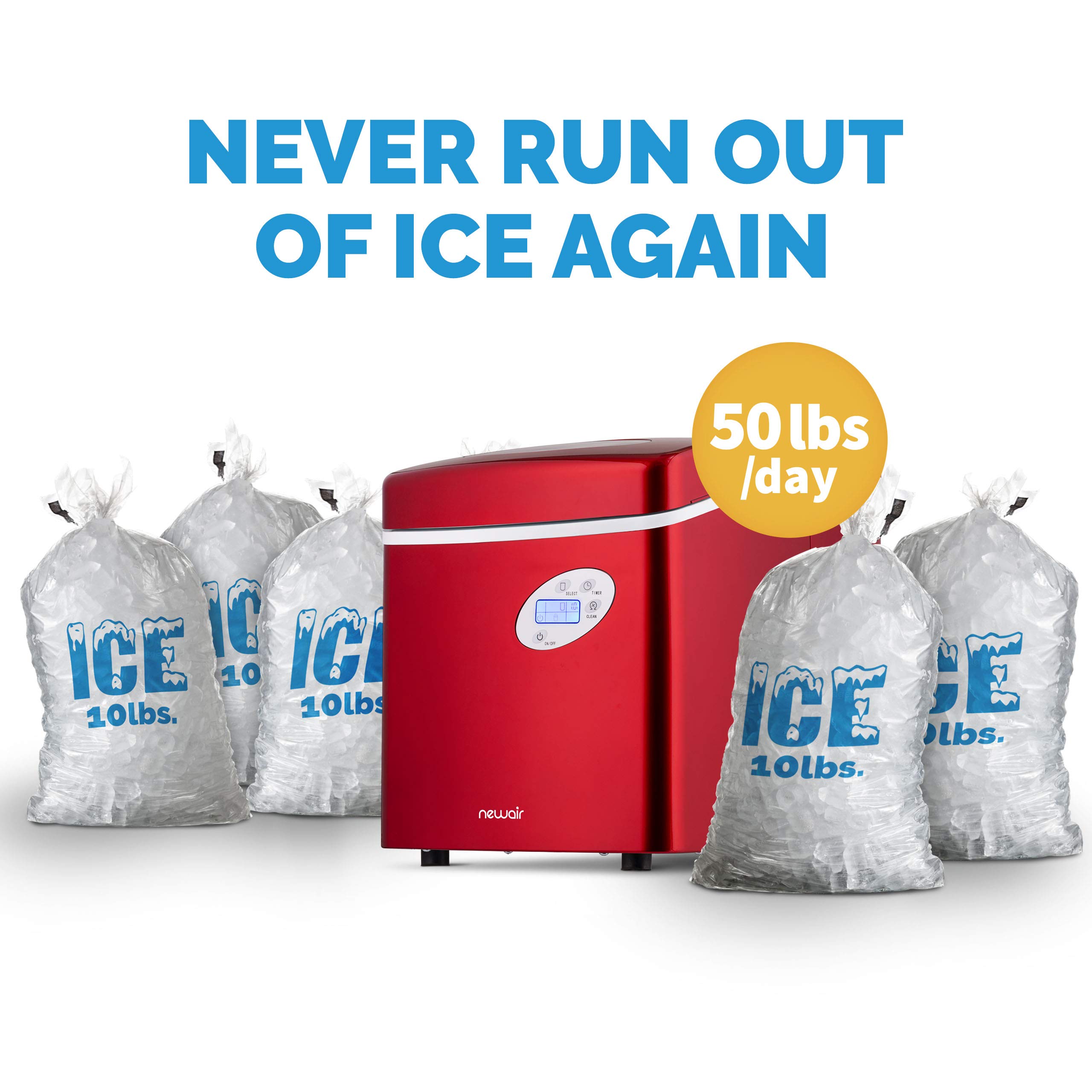 NewAir Portable Ice Maker 50 lb. Daily Output - Compact Countertop Ice Machine with 3 Bullet Ice Sizes, Fast 10-Min First Batch, Self-Cleaning & Quiet Operation (Red, AI-215R) - Perfect for Home, Office, RV, and Outdoor Parties