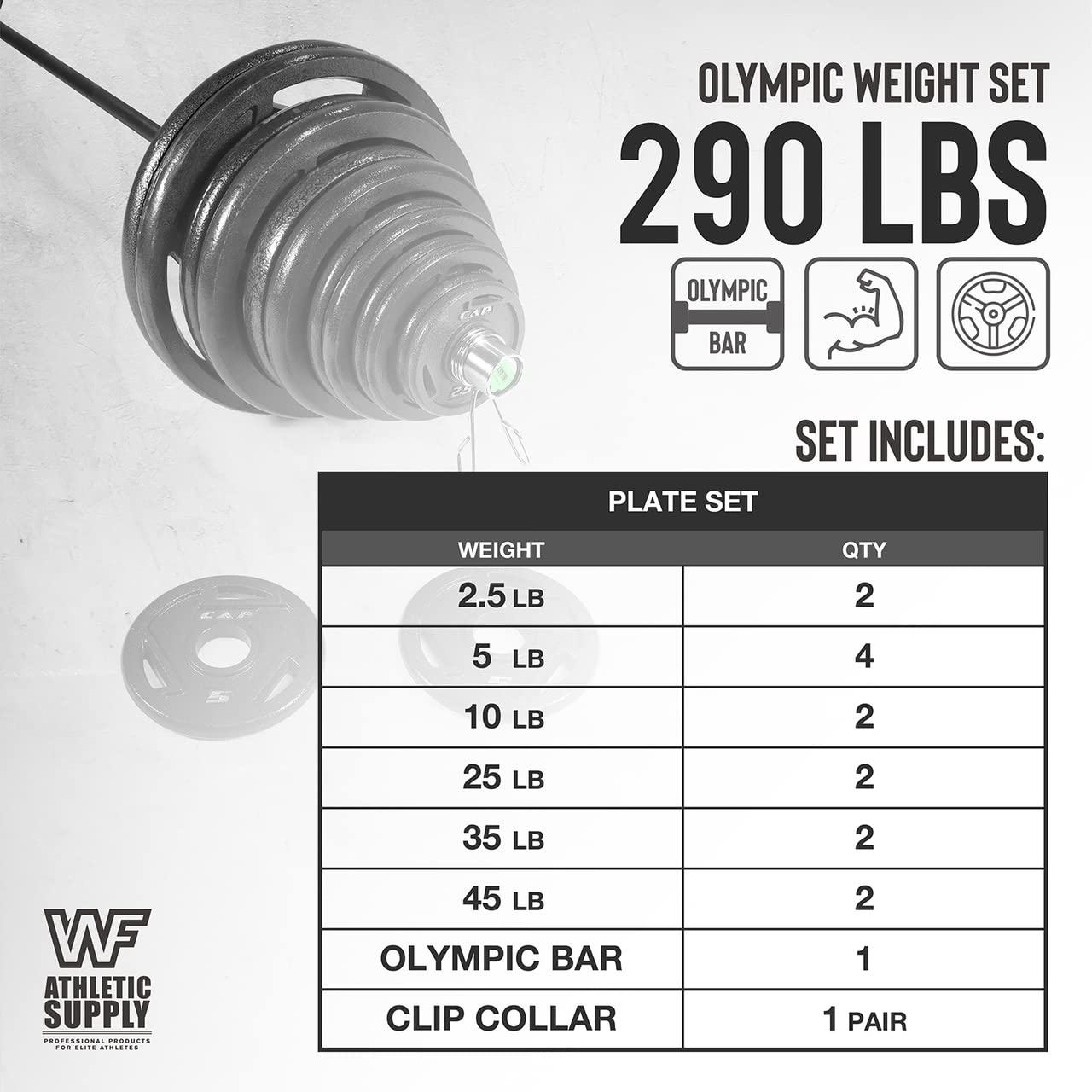 WF Athletic Supply 290lb, 300lb & 555lb 2-Inch Olympic Grip Plates Set with 7ft Olympic Barbell - Strength Training, Weightlifting, Bodybuilding & Powerlifting Equipment for Home Gym & CrossFit Workouts