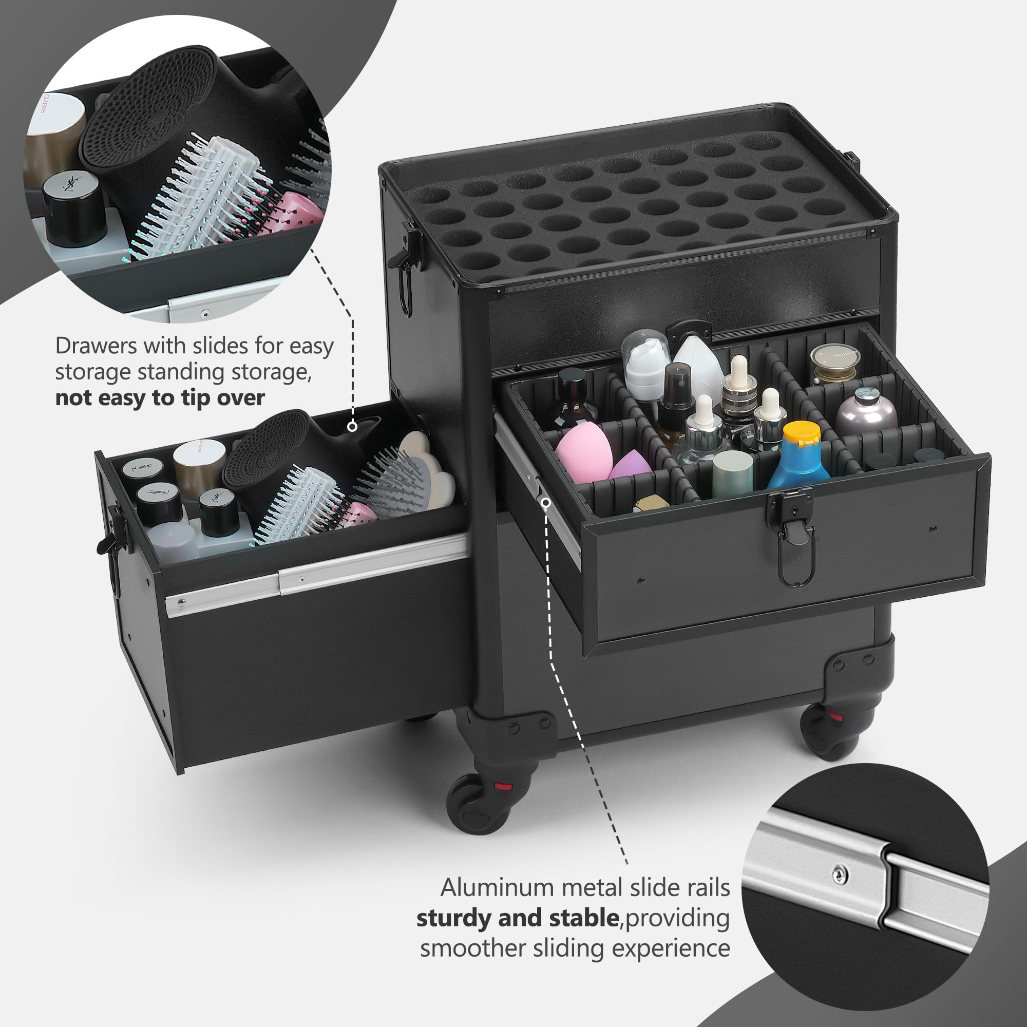 4 in 1 Rolling Makeup Case with Wheels & Drawers - Professional Cosmetic Organizer for Salon, Barber & Travel - Bright Black - Perfect for Mobile Stylists & On-the-Go Beauty Professionals