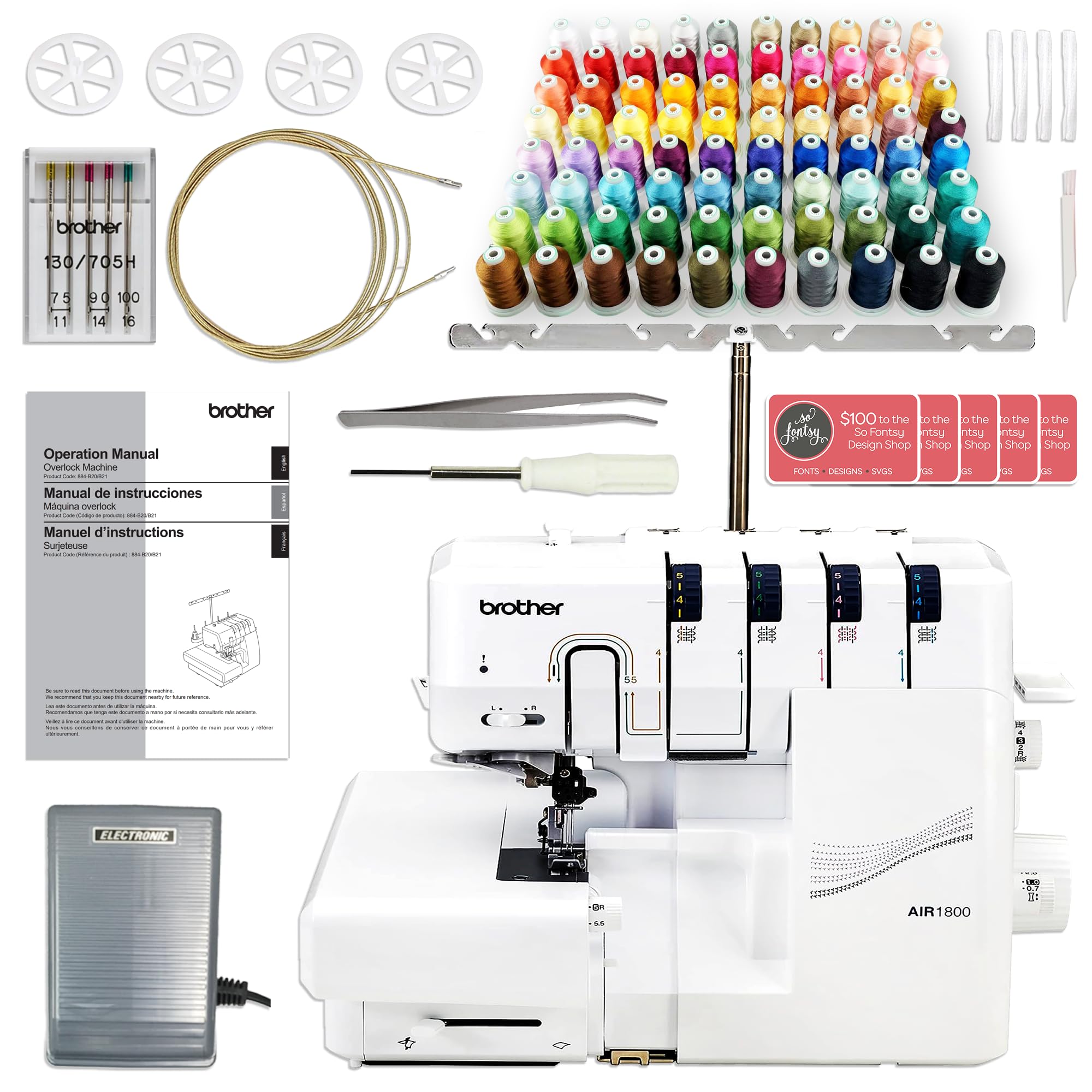 Brother Air1800 Overlock Serger Sewing Machine with Jet-Air Threading System & 80 Spool Thread Kit - Perfect for Home Tailoring, DIY Projects & Professional Garment Making