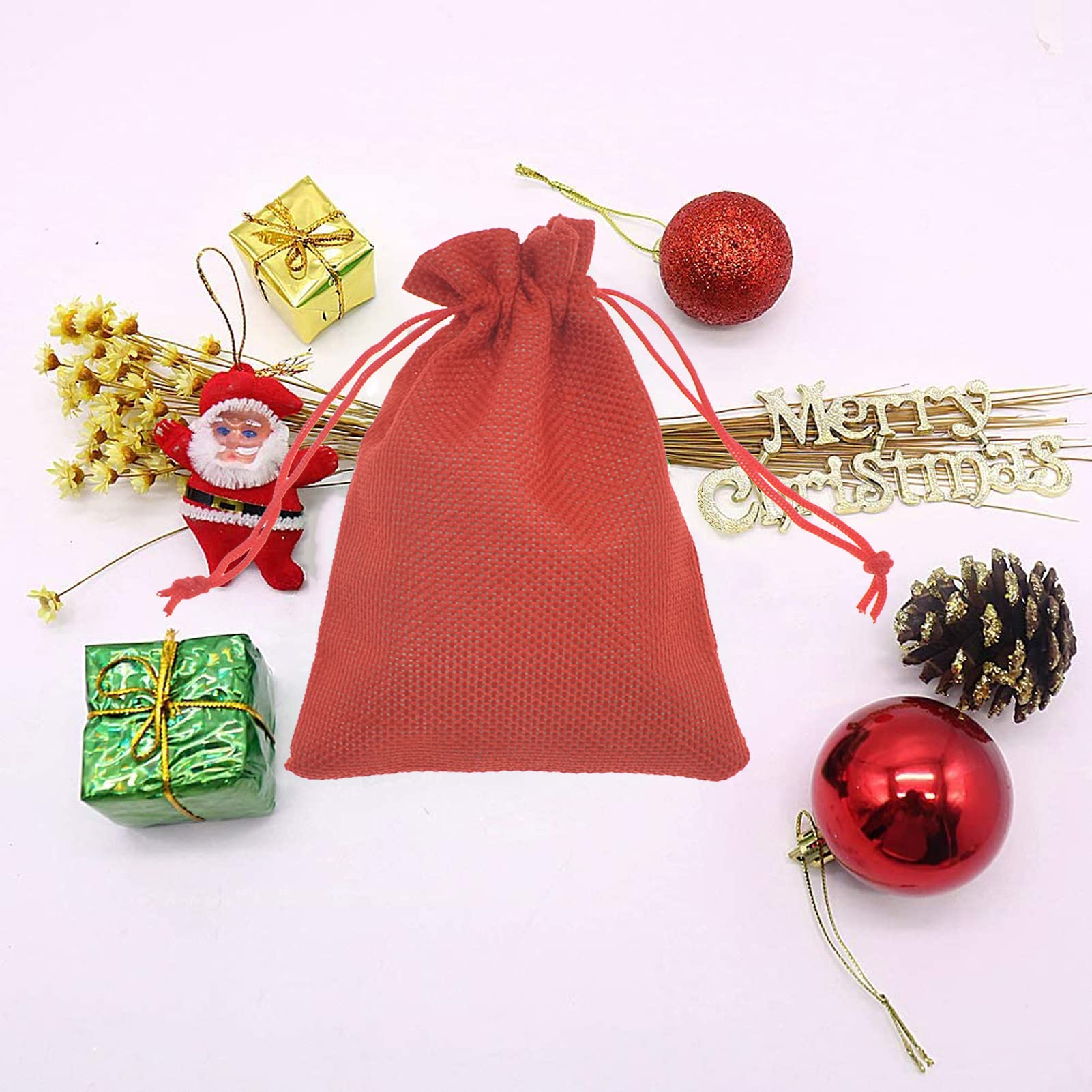 50Pcs Red Burlap Drawstring Bags 2.7x3.5 Inch - Natural Jute Gift Bags Bulk for Christmas Wedding Party Favors, Jewelry Packaging & Candy Pouches - Perfect for DIY Crafts, Holiday Decorations and Small Gift Wrapping