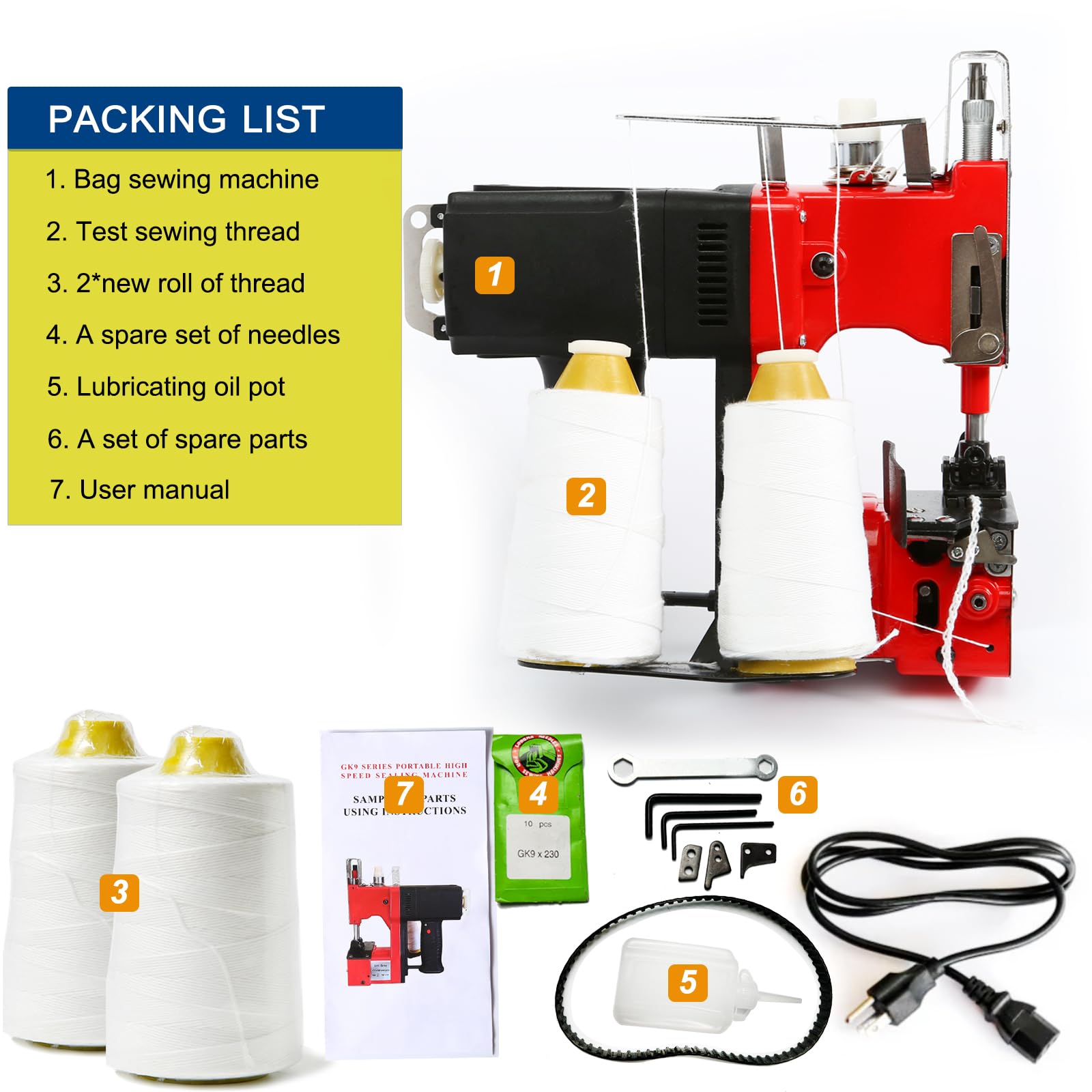 Heavy Duty Bag Sewing Machine for Burlap & Sand Bags - Industrial Bag Closing Stitcher with 2 Roll Threads - Perfect for Agriculture, Construction & Packaging Use