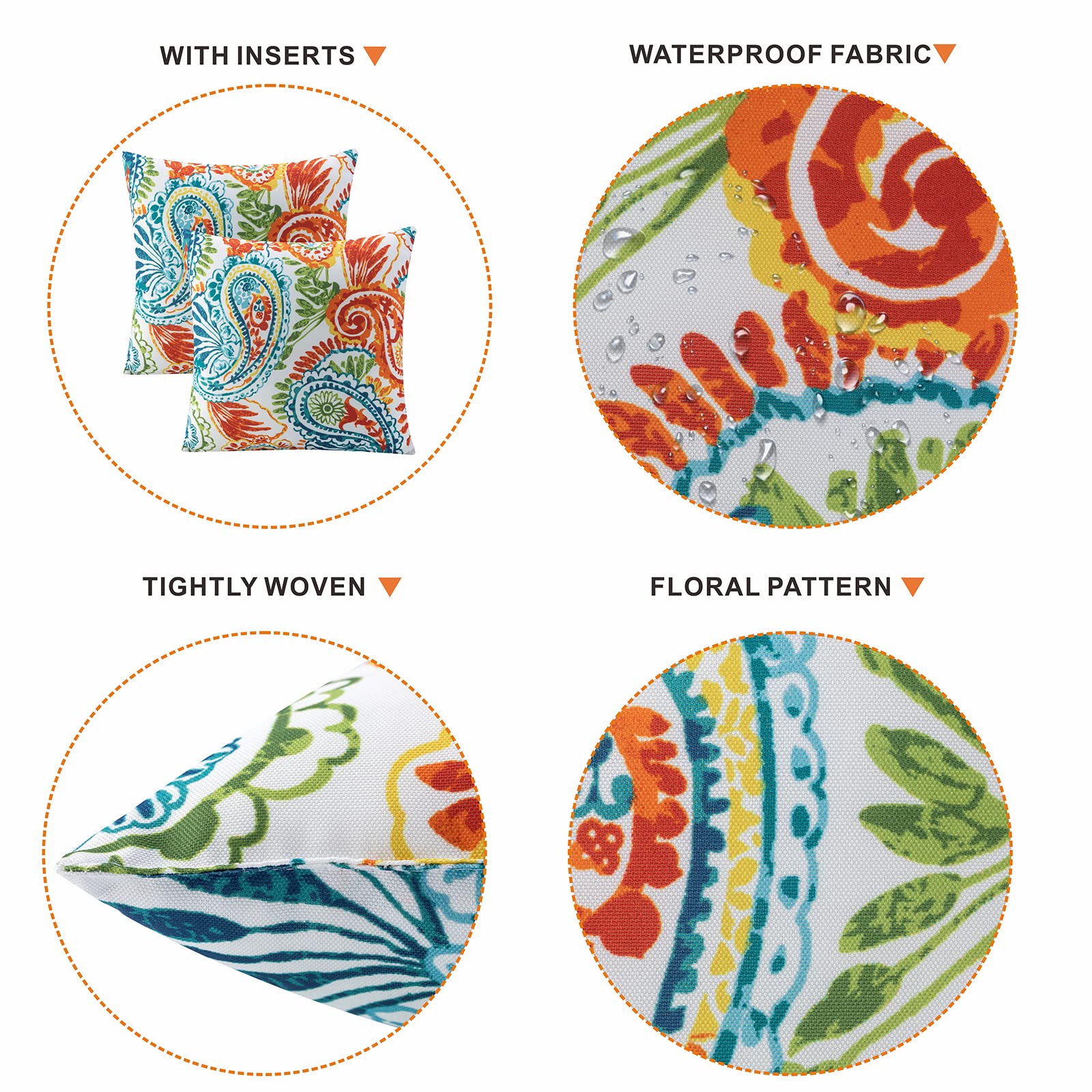 Waterproof Outdoor Pillows Set of 2 - 18×18 Inch Decorative Square Throw Pillows with Inserts for Patio Furniture (Paisley Print) - Perfect for Garden, Poolside & Outdoor Lounge Areas