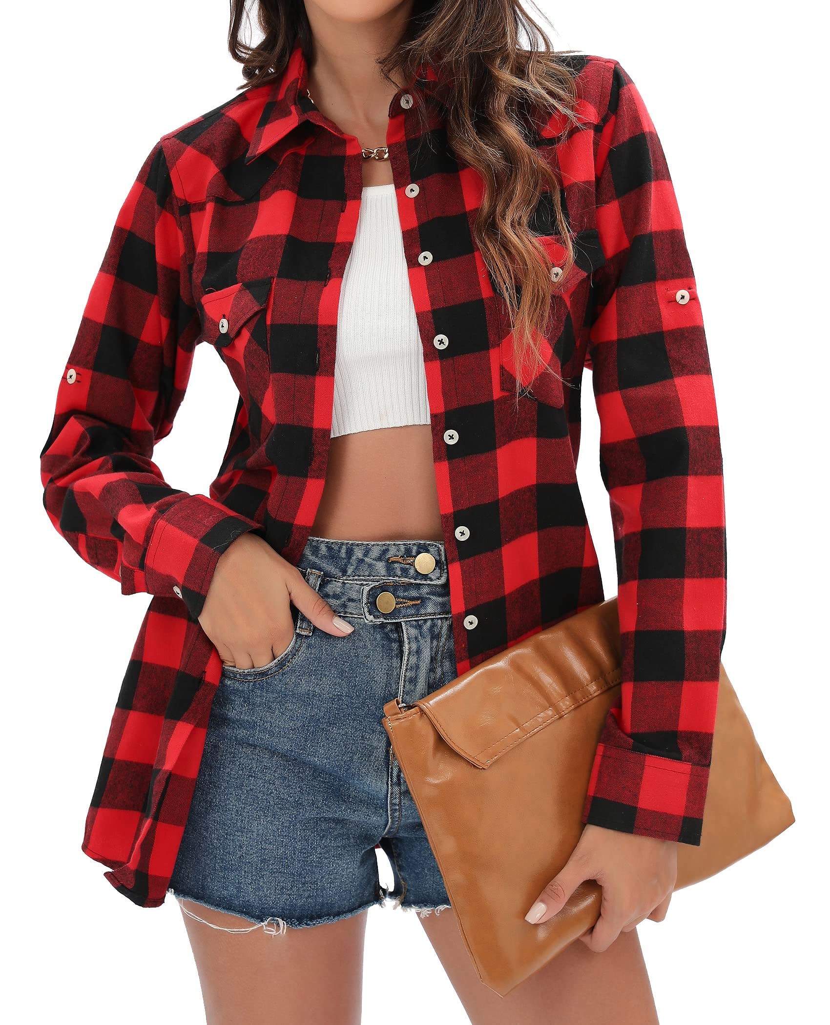 Siliteelon Women's Flannel Plaid Shirt - Long Sleeve Button Down Cotton Boyfriend Shirt with Roll-Up Cuffs | Casual Blouse Top for Fall, Winter & Outdoor Activities