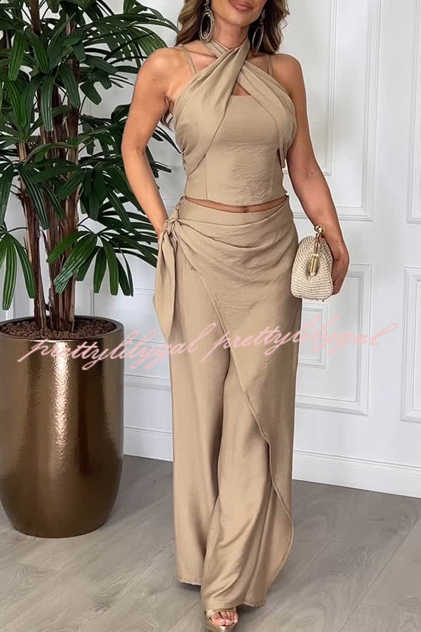 Kathy Linen Blend Cross Halter Smocked Top & Elastic Waist Wrap Tie Pants Set - Women's Casual Summer Outfit for Beach, Vacation and Date Night