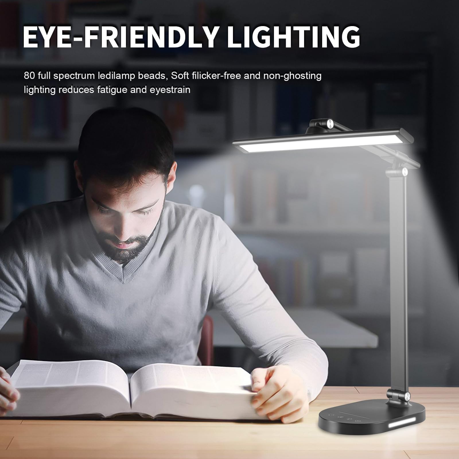 Adjustable LED Desk Lamp with 5-Level Dimmable Brightness (3000-6500K) - Foldable Touch Control Office Reading Lamp for Study, Bedroom & Workspace - Black