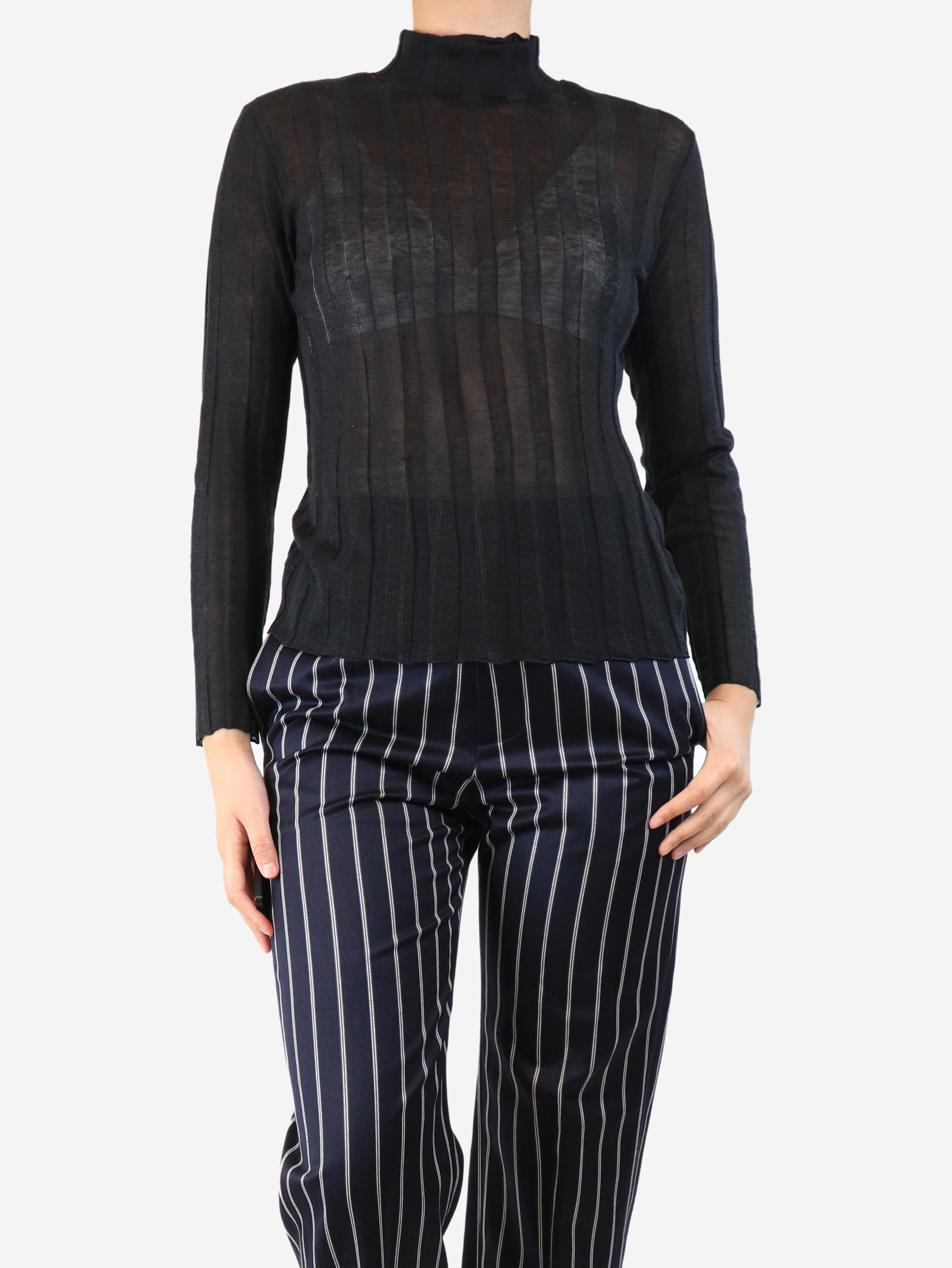 Black Sheer Ribbed Knit Top for Women - Size S | Stretchy Comfort Fit | Perfect for Layering, Casual Outfits & Night Out Looks