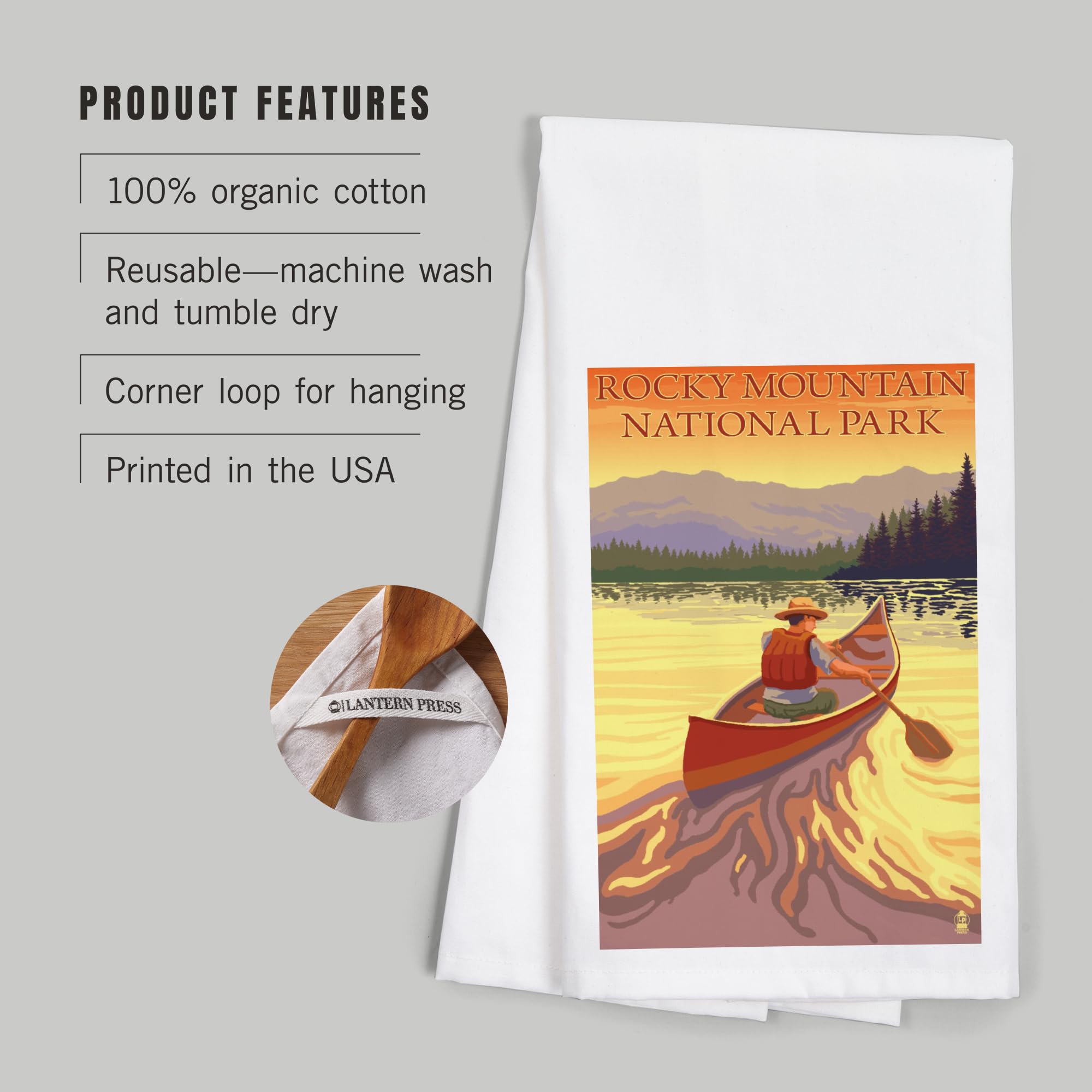 Rocky Mountain National Park Canoe Scene - 100% Cotton Tea Towel | Decorative Hand Towel for Kitchen & Home | Perfect for Camping, Picnics & Cabin Decor