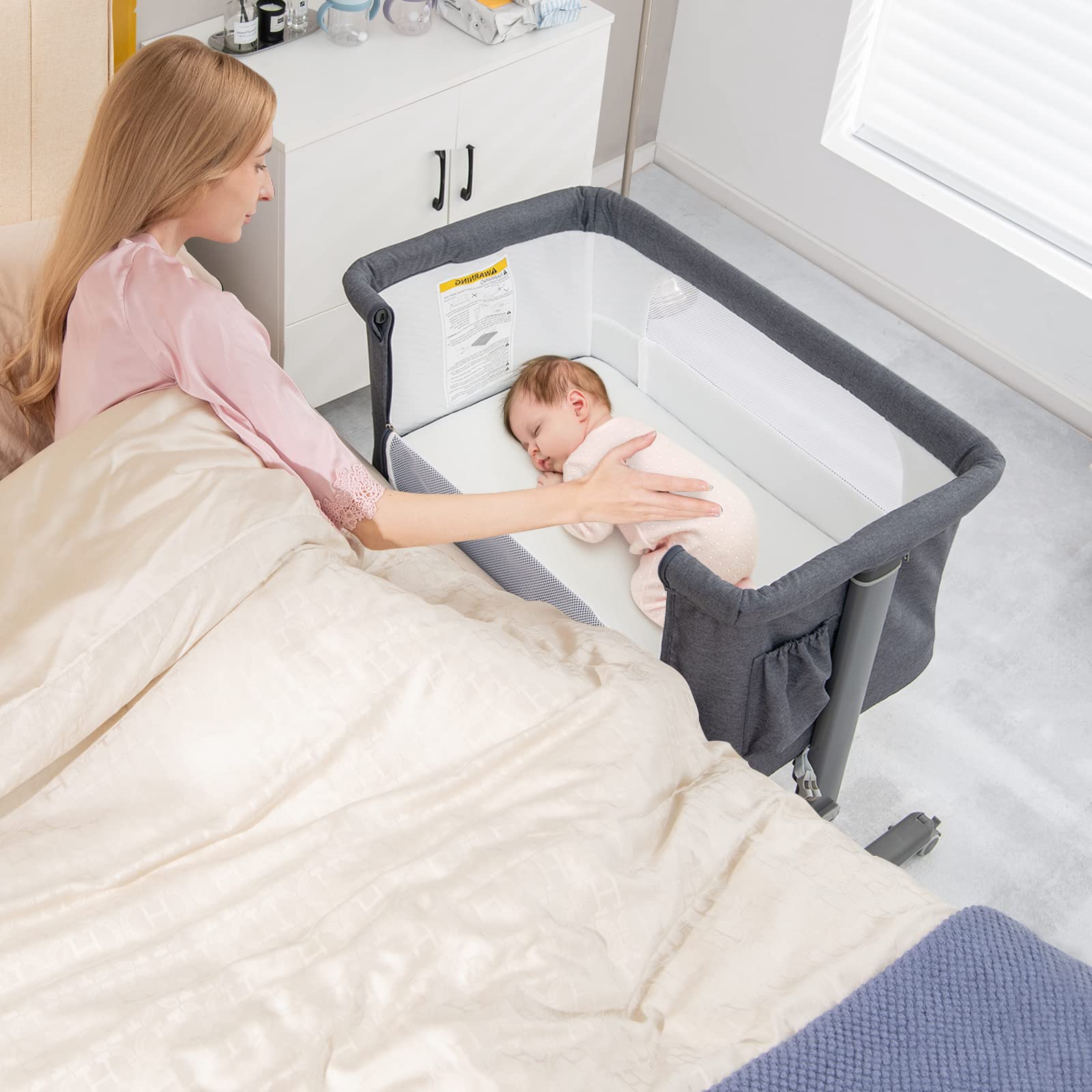 HONEY JOY 3-in-1 Portable Baby Bassinet Bedside Sleeper with Wheels - Adjustable Height Crib for Newborns & Infants, Includes Mattress & Carry Bag (Gray) | Perfect for Nursery, Bedroom Co-Sleeping & Travel