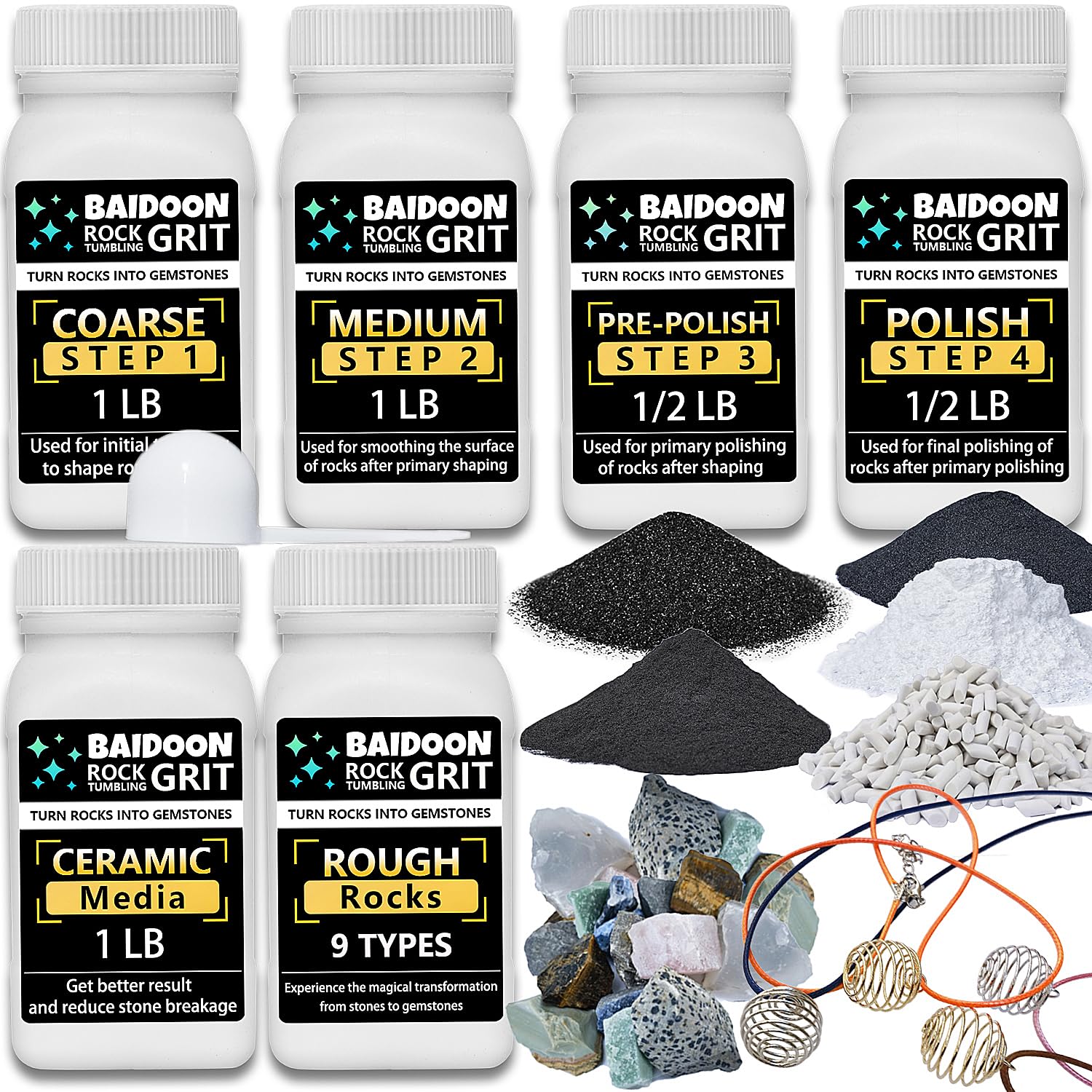 6 in 1 Rock Tumbler Kit with 4 Step Tumbling Grit, Ceramic Media & 9 Rough Gemstones - Complete Rock Polishing Supplies for Jewelry Making & DIY Crafts (Perfect for Beginners & Hobbyists)