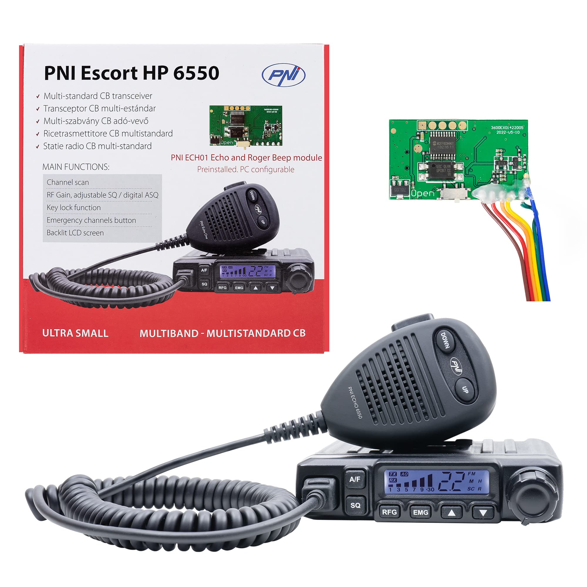 PNI 6550 CB Radio with PNI ECH01 Echo Module - 4W AM/FM Multistandard 12V CB Transceiver with ASQ & Echo Mode - Perfect for Trucking, Off-Roading & Emergency Communication