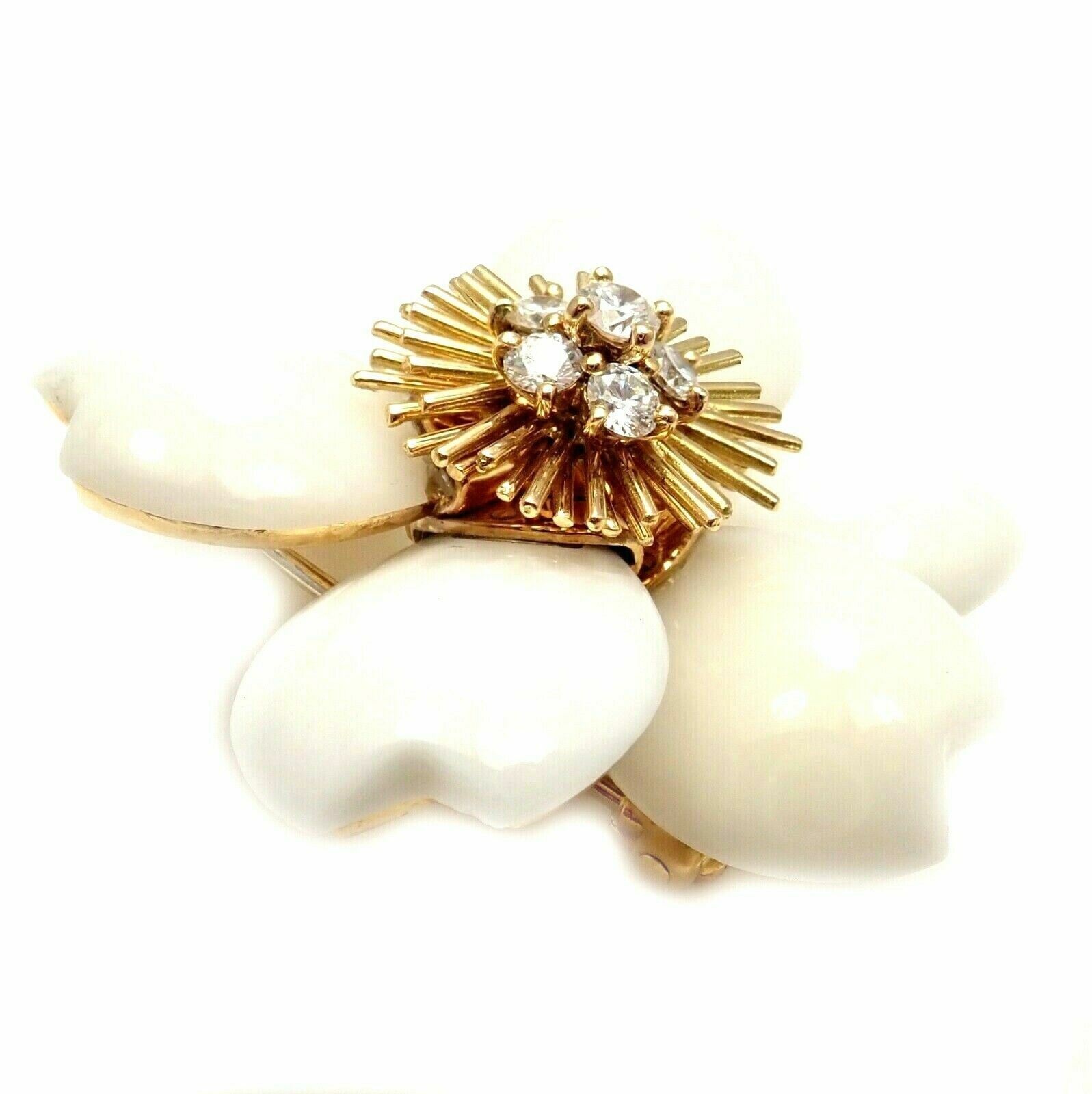 Van Cleef & Arpels Rose de Noel Diamond & White Coral Flower Yellow Gold Brooch - Luxury Jewelry Gift for Women, Perfect for Weddings & Special Occasions