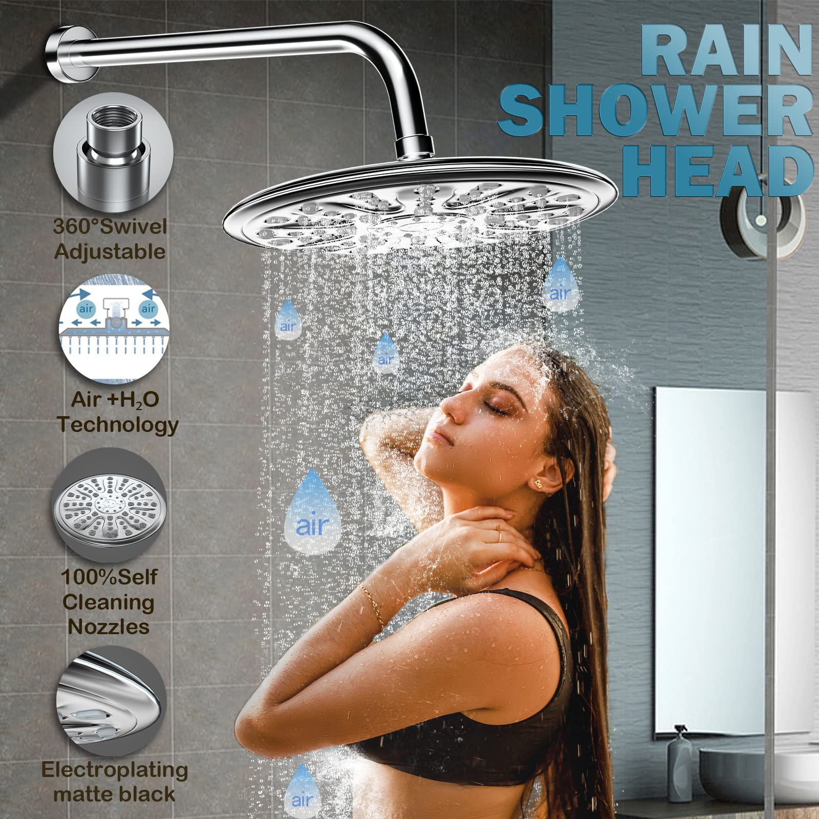 10-Setting Rainfall Shower System Wall Mounted - High Pressure Rain Shower Head with Handheld Sprayer & Valve - Polished Chrome Finish for Bathroom Luxury - Perfect for Spa-Like Showers & Modern Bathroom Upgrades