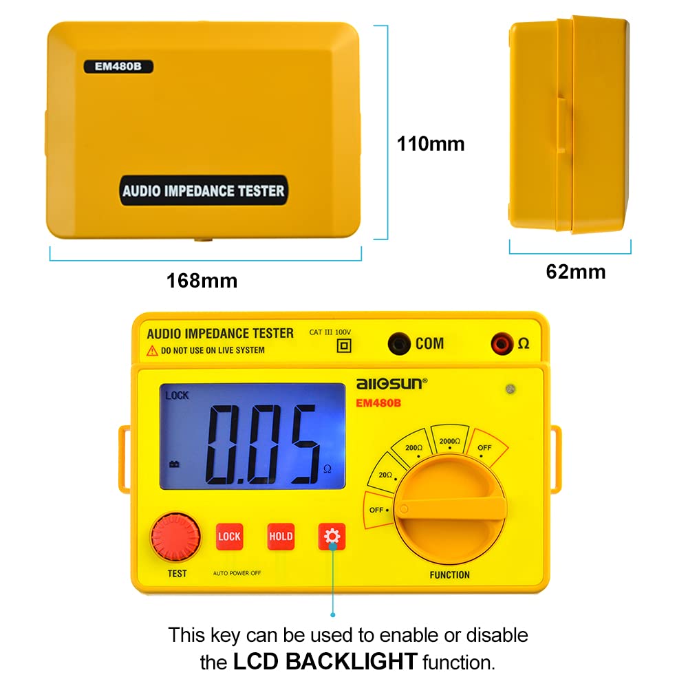 Allsun EM480B Digital Insulation Resistance Meter - Handheld Megohmmeter with LCD Backlight for Electrical Testing - Earth Audio Impedance Tester (Yellow) - Perfect for Home, Industrial & DIY Electrical Safety Checks